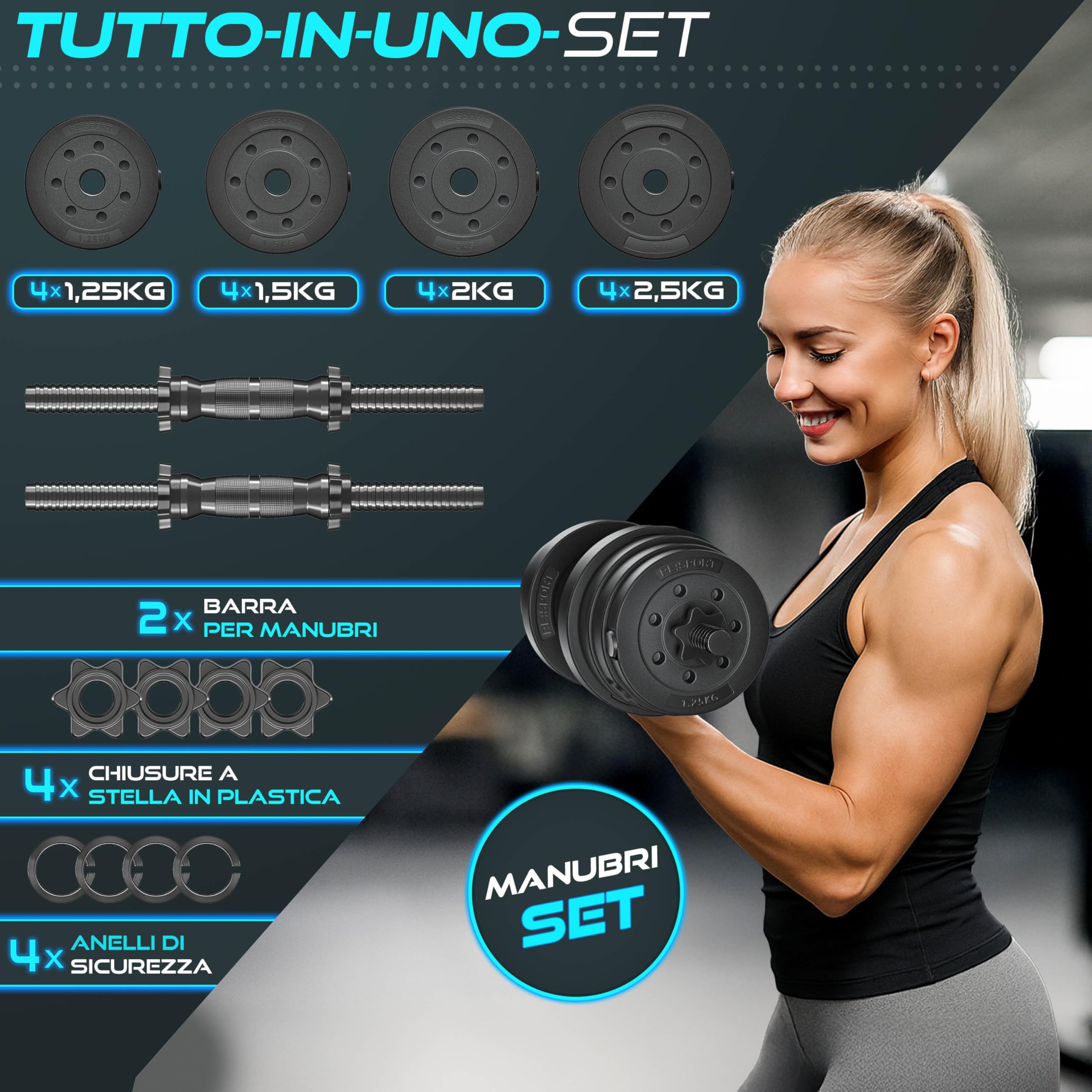RE:SPORT Set di 2 manubri regolabili 15/20/30/40 kg | Set di 2 manubri | manubri con pesi e 4 chiusure a stella | manubri fitness per costruzione muscolare, allenamento e casa