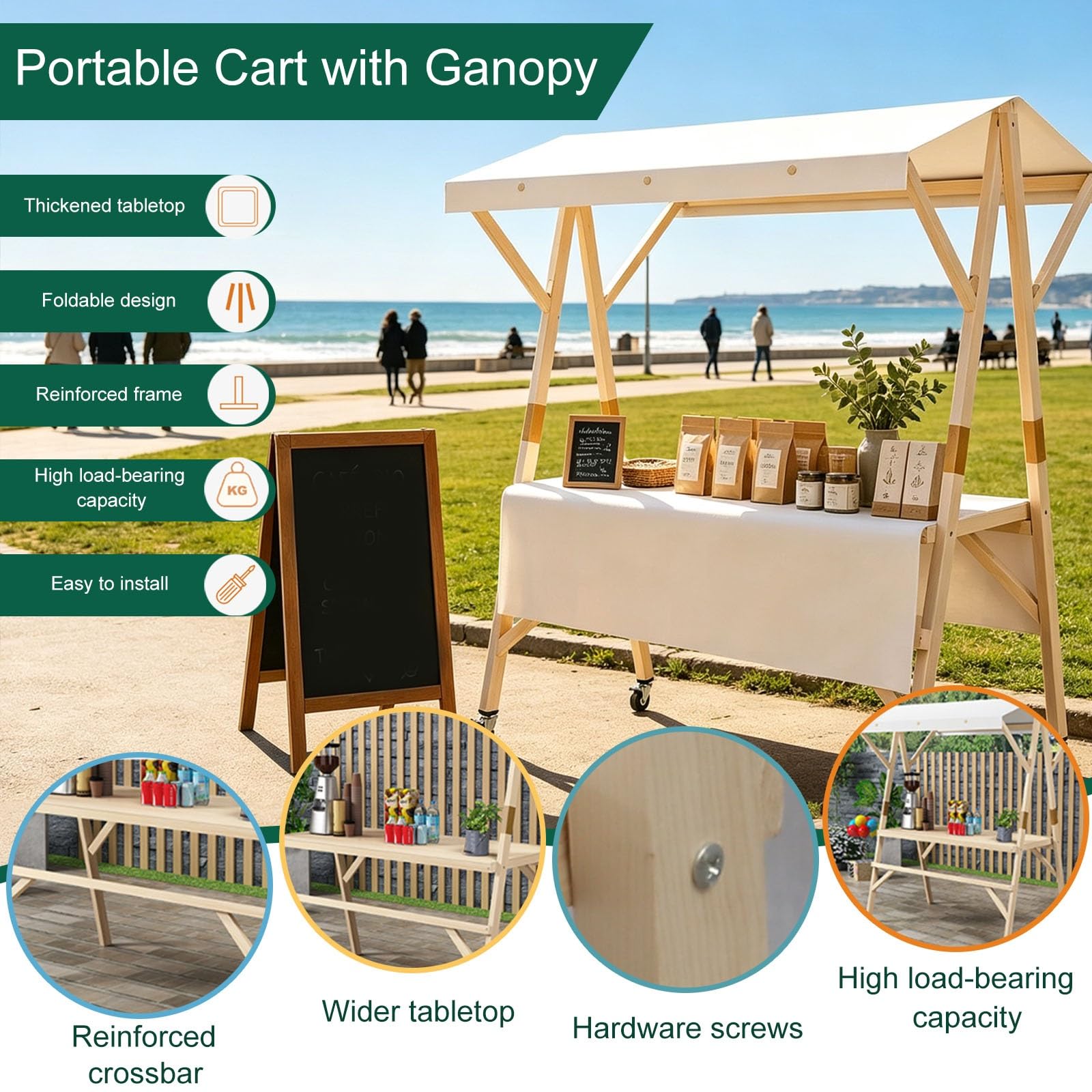 Carrello pieghevole portatile con tettoia per il mercato degli agricoltori e cibo da strada ll su ruote (blu, 120 cm / 47.2in), ideale per eventi e mercati all'aperto