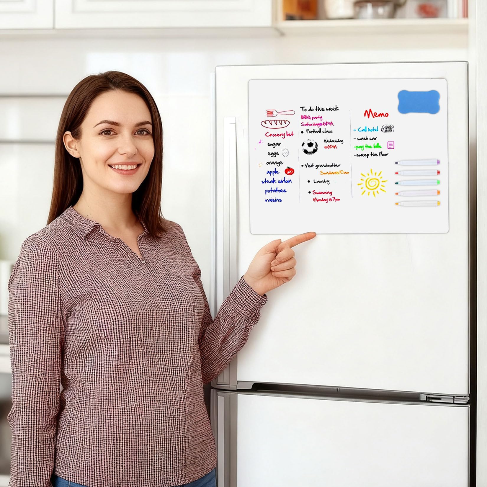 2 Pcs A3 Pizarra Magnetica Nevera, Pizarra Blanca Magnética para Frigoríficos, Whiteboard para Agendas Semanales y Blocs de Notas (42 x 30 cm), con 2 borradores y 10 rotuladores
