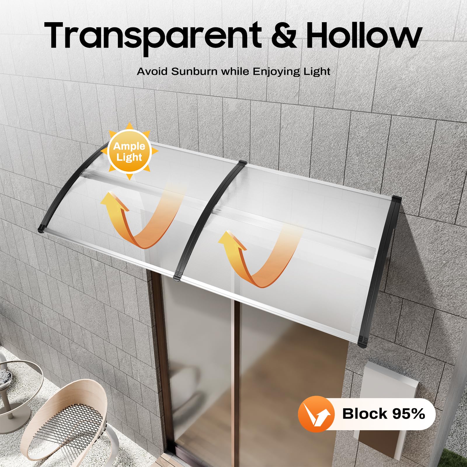 Marquesina para puerta de casa, 200 x 90 cm, tasa de protección UV del 95% y ignífugo, transparente, para puertas, ventanas, balcones, garajes