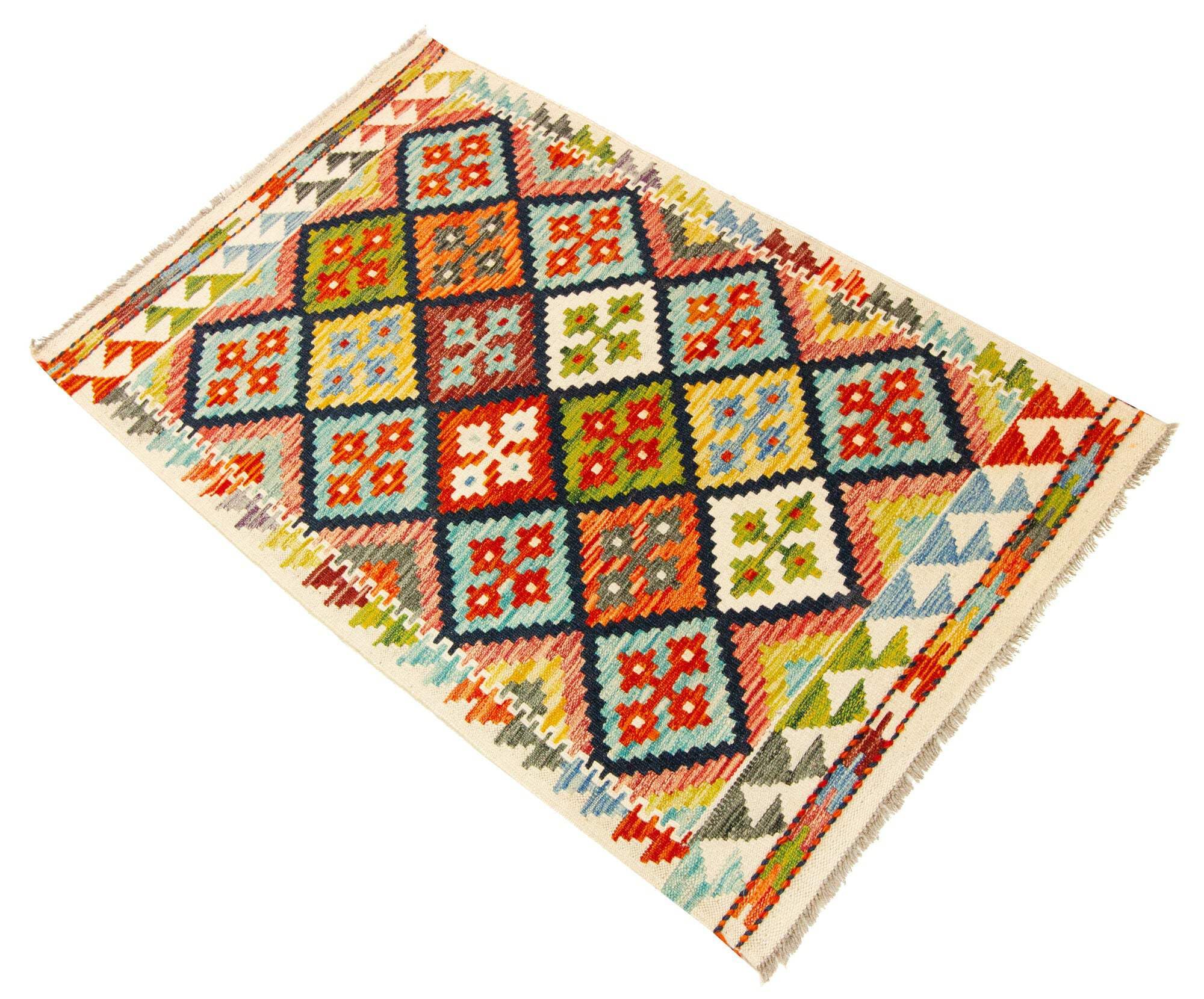 Kilim Tapis 100 % laine 126 x 80 cm, fait à la main, pièce unique de style Herat Boho multicolore, tissage plat, tapis d'entrée et chambre