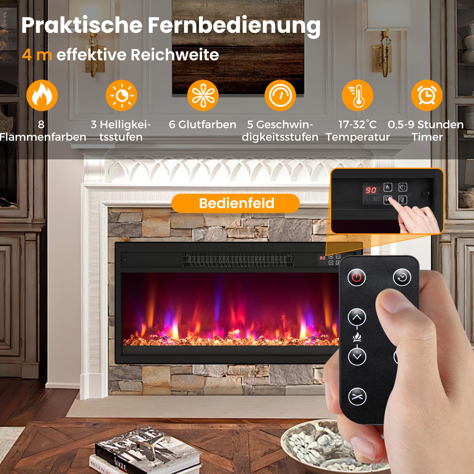 RELAX4LIFE 26" Elektrokamin mit heizung, schwebender Kamin mit LED-Ambientelicht & 3D-Flammeneffekt & Kristall-Glutbett, Deko Wandkamin mit Fernbedienung, 1500 W, 8 Flammenfarben, 9H-Timer, 17℃-32℃