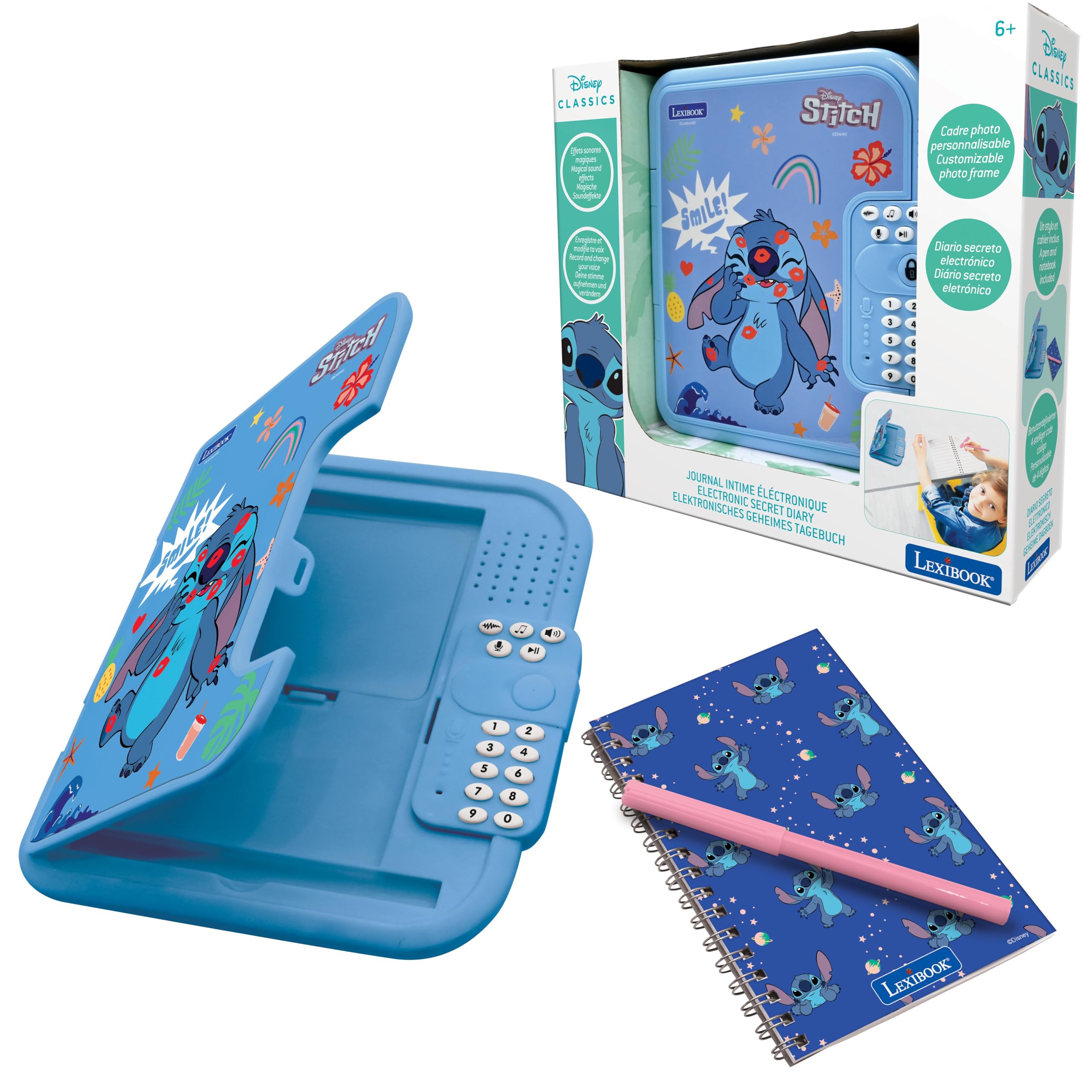 LEXIBOOK, Disney Stitch: Electronic diary with pen and notebook included, interactive, password protected, fun functions, sound effects, Blue, SD50DLXB
