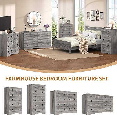 Miniatura 4 de Cómoda gris alta para dormitorio, 6 cajones de madera, cómoda de 6 cajones, almacenamiento para ropa, cajones estrechos grandes, vintage, para sala