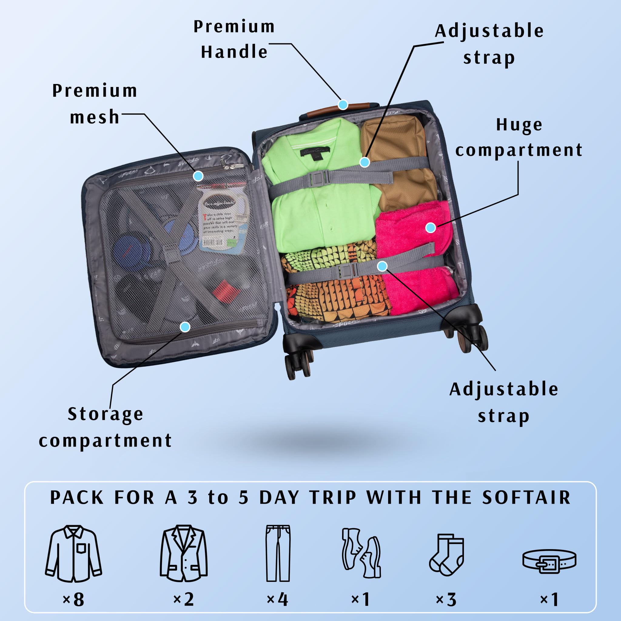F Gear Softair - Trolley da cabina piccolo, leggero, espandibile, con ruote girevoli a 360°, sistema silenzioso a 8 ruote, serratura TSA integrata, cerniera antifurto ed etichetta per bagagli