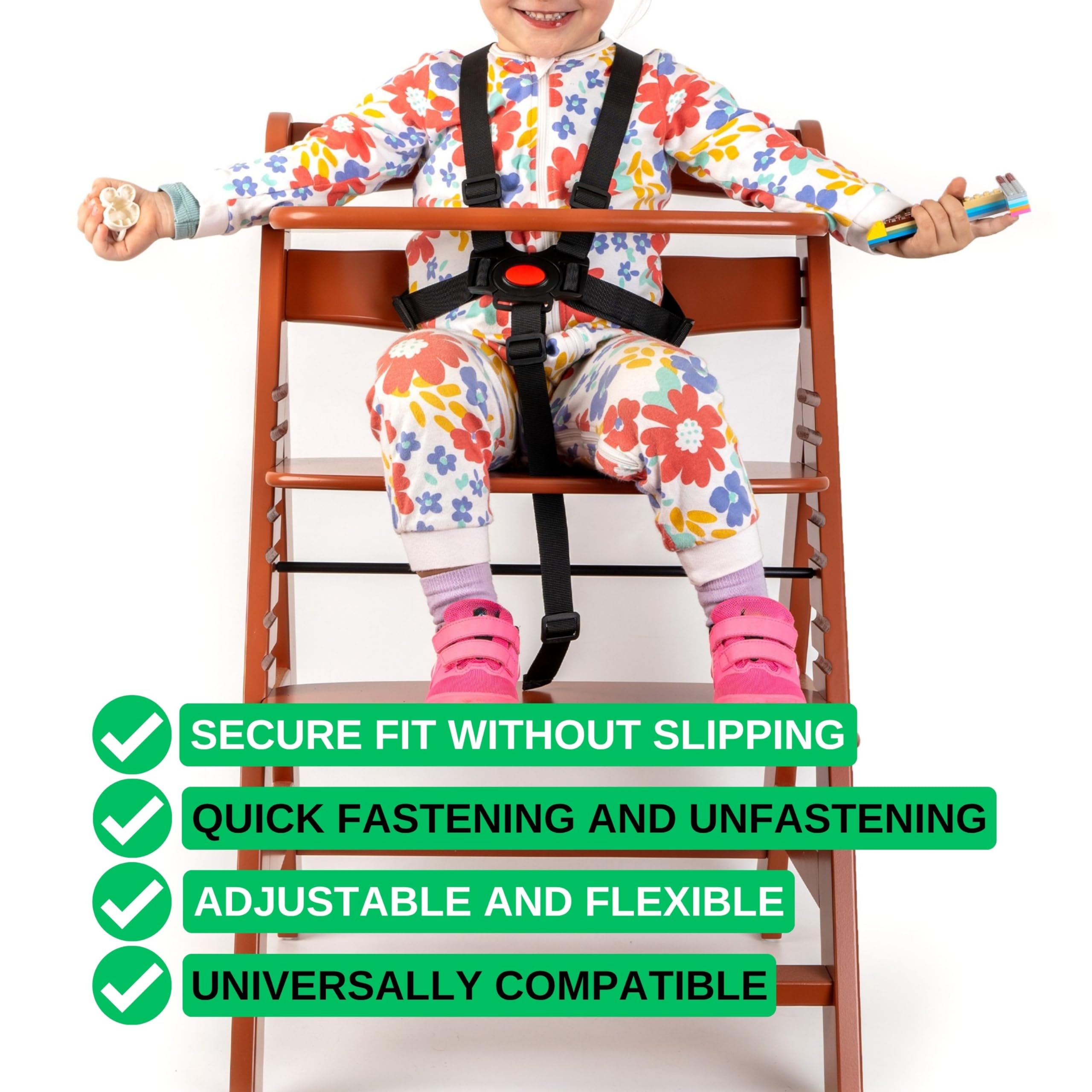 Sistema di imbracatura a 5 punti per seggiolone, 1 set, compatibile con Hauck Alpha Beta, Stokke Tripp Trapp, Roba e molti altri, in nero, con cinghia inguinale