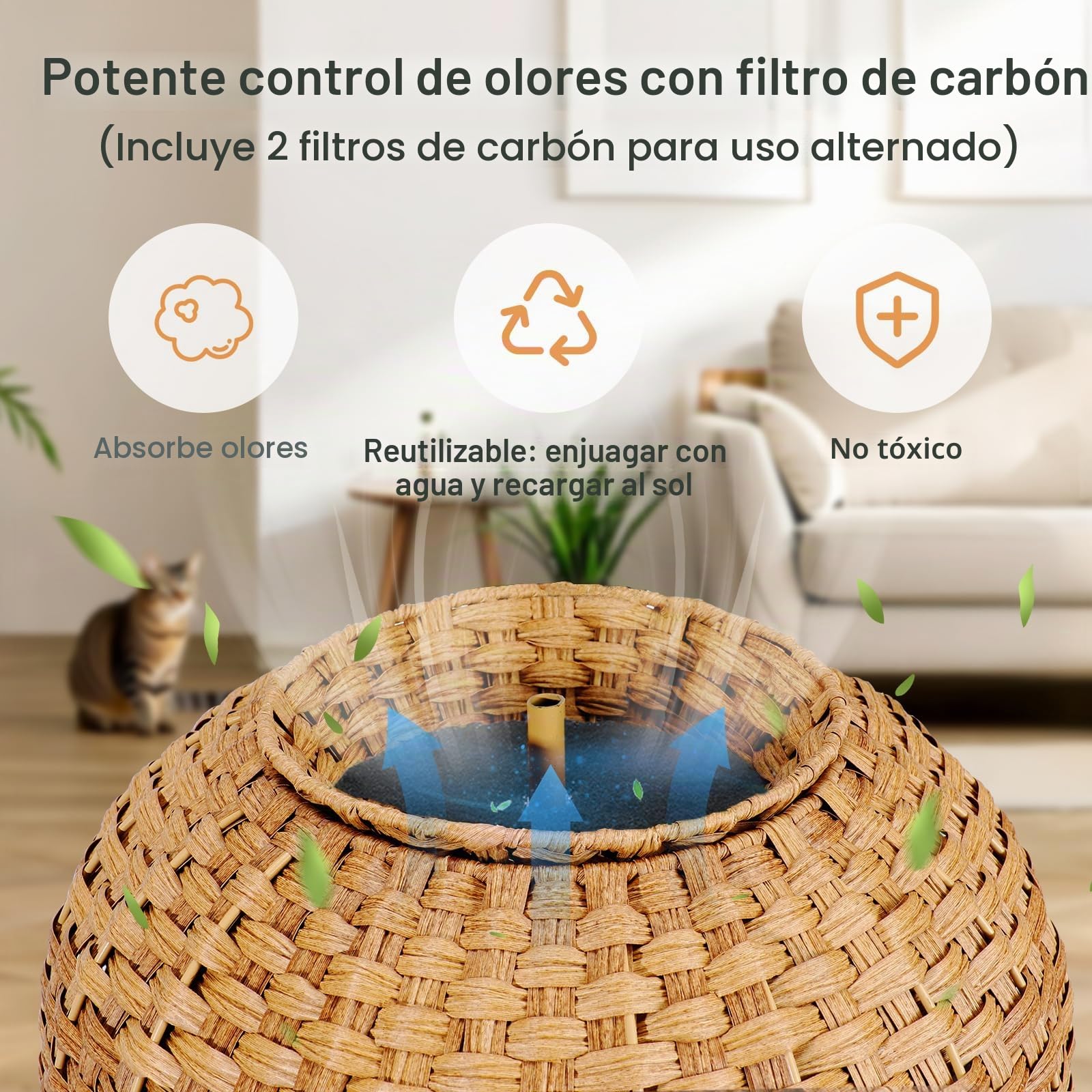 Inodoro para gatos, maceta oculta con planta y pala, inodoro para gatos de ratán trenzado a mano con control de olores y filtro de carbón (natural, puerta cuadrada)