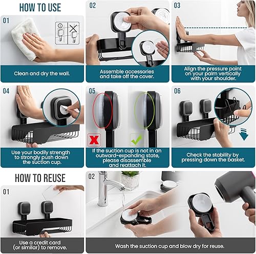 Miniatura 5 de TAILI Paquete de 2 estantes de ducha de acero inoxidable a prueba de óxido, cesta de pared sin perforación, gran capacidad, con ventosa extraíble,