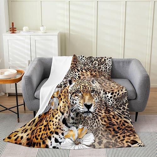 Manta de forro polar marrón con estampado de leopardo, suave y acogedora, manta de franela tropical de animales salvajes africanos para niños,