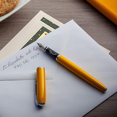 Vista 8 de ZenZoi Pluma estilográfica amarilla – Hermoso bolígrafo para mujeres, hombres. Punta fina Schmidt de escritura suave. Juego de regalo de pluma