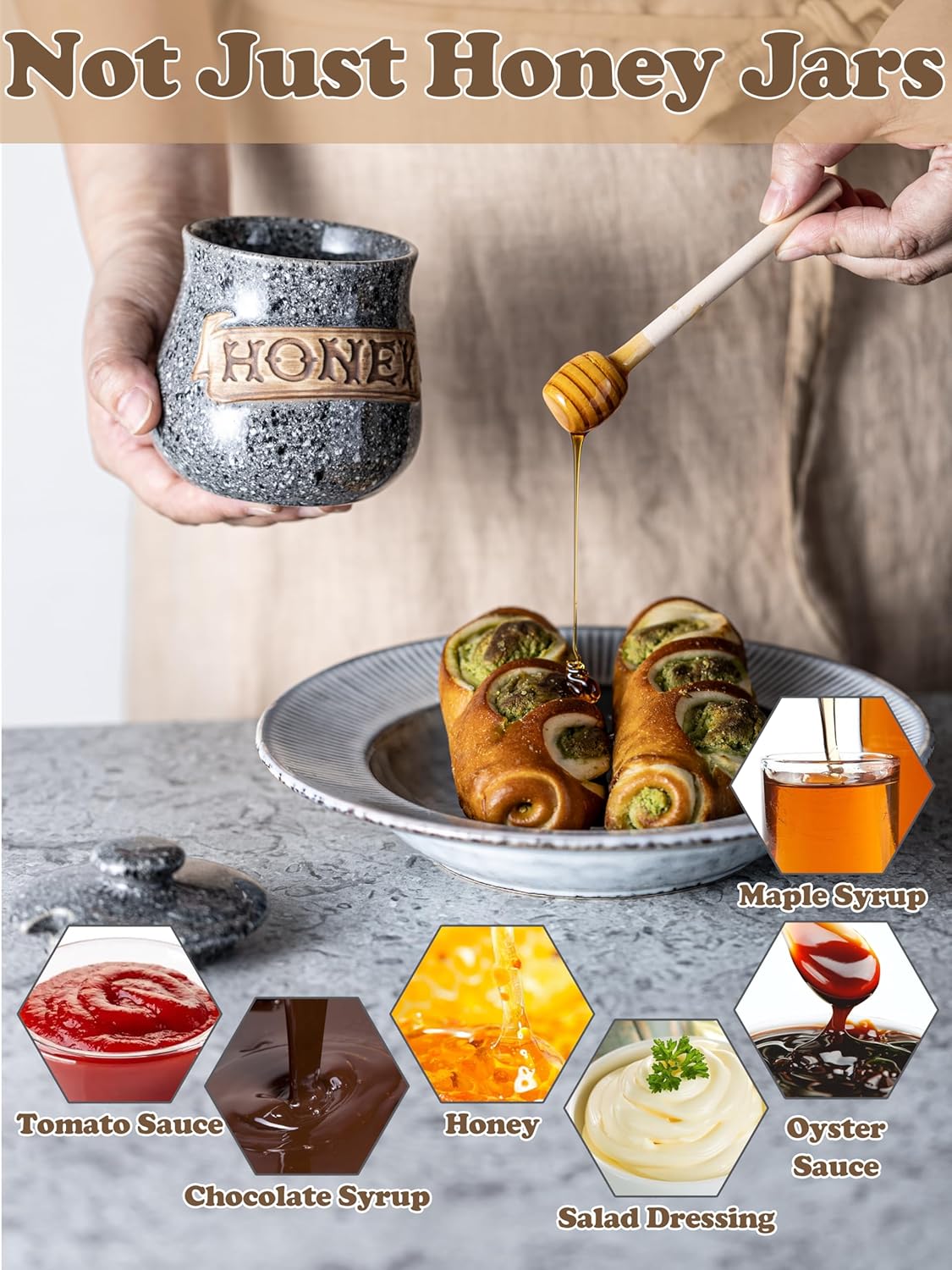 LYEOBOH Honey Jar, Honey Pot, Honey Dispenser 12oz Grey Ceramic Honey Jar with Wood Dipper and Espresso Cups with Saucers Set, 3 Ounces Coffee Cups with Metal Stand and Spoons
