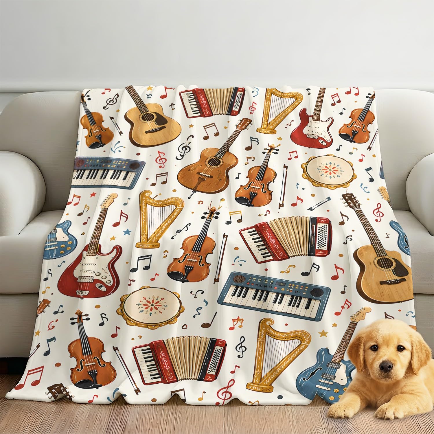 Genérico Música Manta Polar Manta 130 x 150 cm, Luz de franela de microfibra suave dinámica Instrumento nota musical, Beige, Regalo para padres y niños