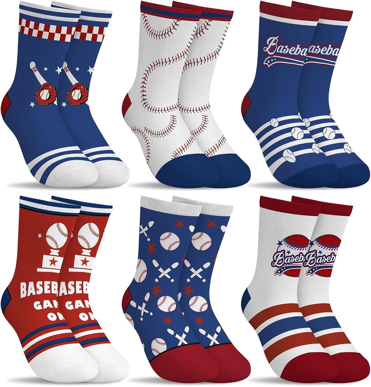 6 Pairs Kids Boys Socks Cartoon Baseball Stripes Five-pointed star Red Blue Breathable Crew Sock aged for 2-11Years