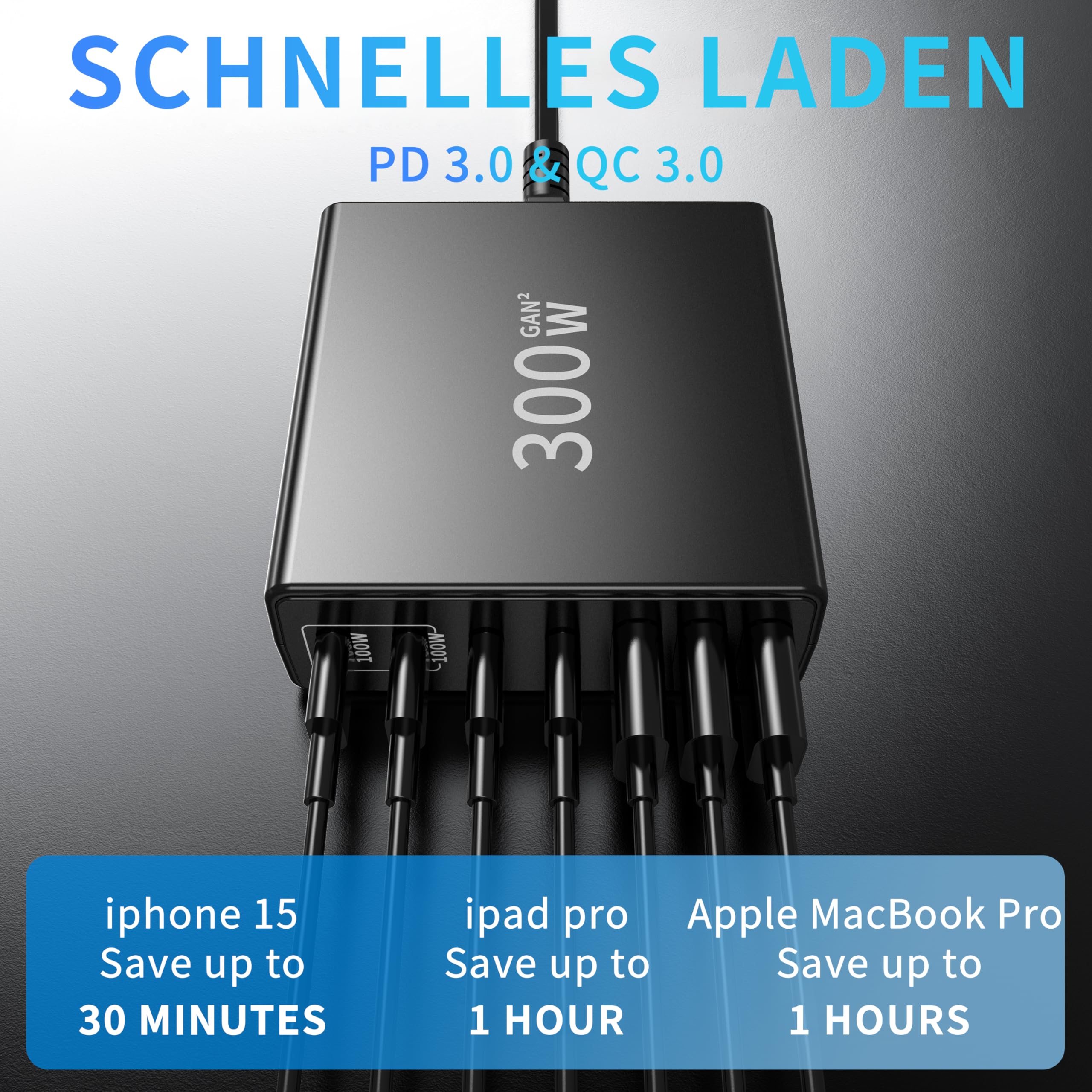 FINIBO Chargeur USB-C 300W Multiple 7 Ports (4 USB-C, 3 USB-A) avec PPS Dual-PD pour MacBook Pro/Air, iPad Pro/Air, Samsung