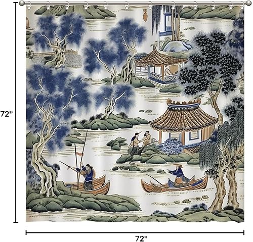 Miniatura 8 de Cortina de ducha azul y verde chinoiserie de pinos chinos, tela de pabellón chino, forro de cortina de ducha impermeable para decoración de bañeras
