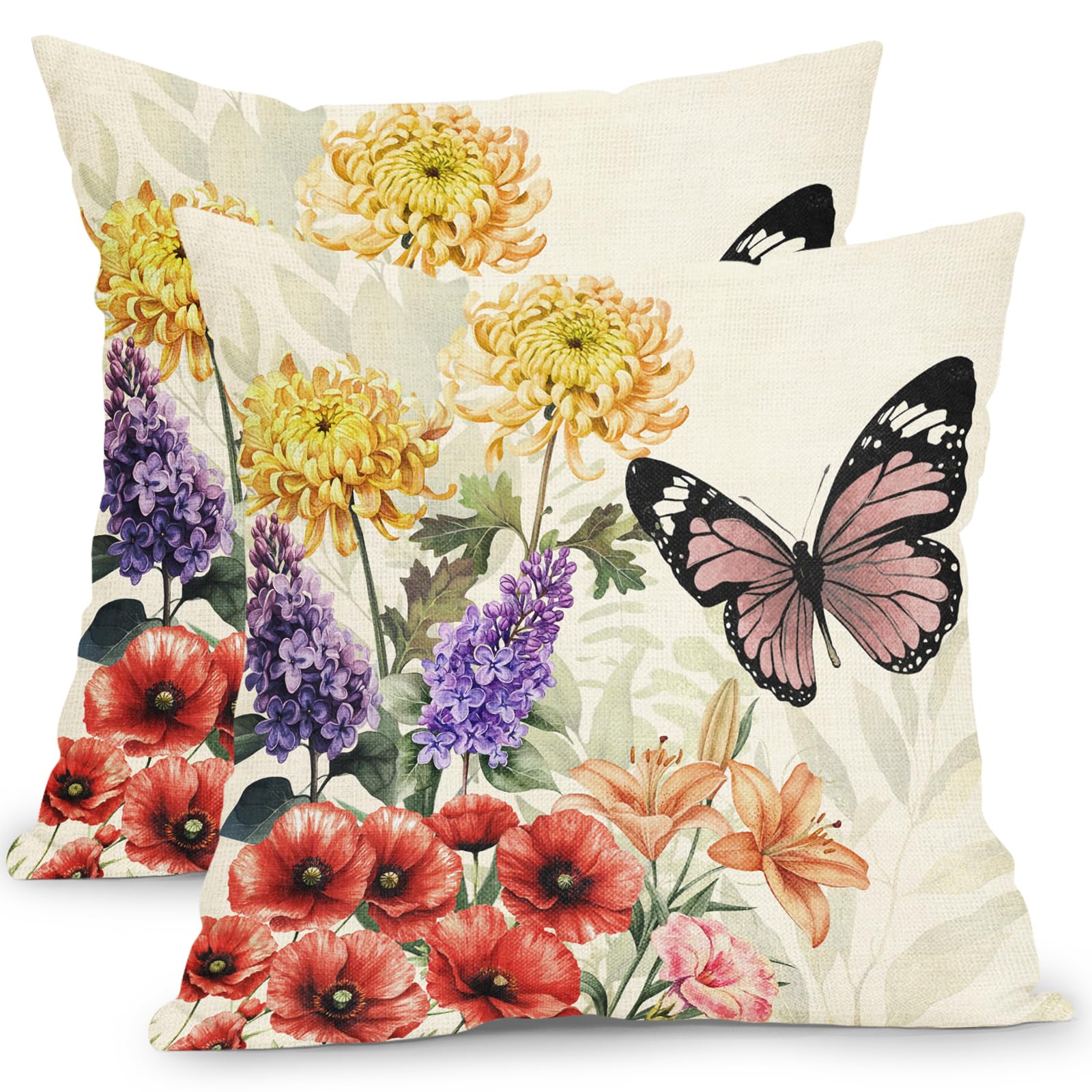 ABSOP Spring Summer Floral Throw Pillow Covers 18x18 Inch Set of 2 Butterfly Outdoor Decorative Throw Pillows Rustic Pillowcase Chinoiserie Flowers