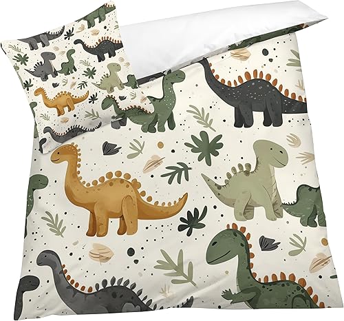 OmErsa Juego de funda de edredón de dinosaurio, tamaño individual, ropa de cama de dibujos animados para niños, decoración de dormitorio, funda de