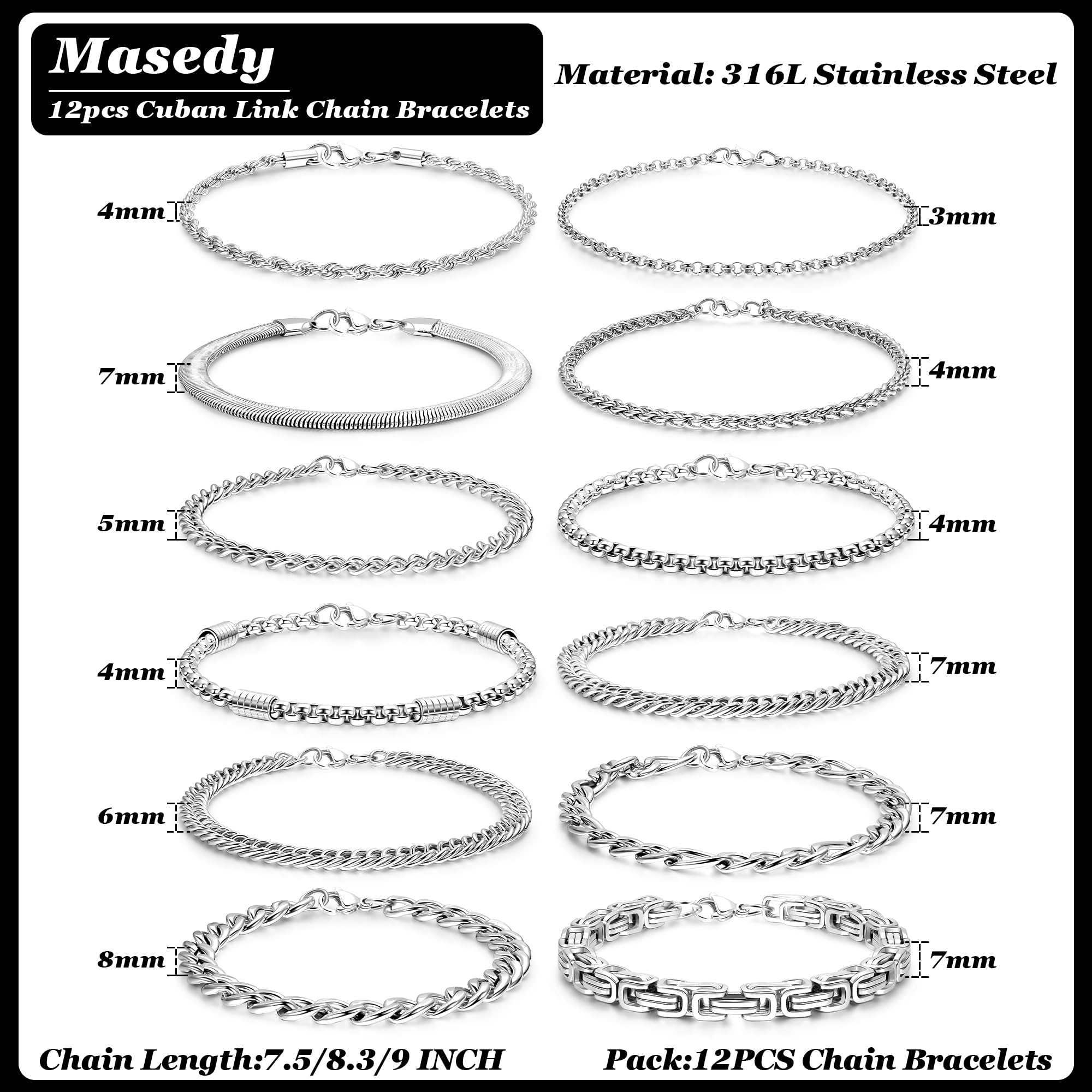 12 pulseras de cadena de eslabones cubanos de acero inoxidable para hombres y mujeres, cadena de cuerda fígaro dorada, juego de pulseras de cadena de eslabones cuadrados Rolo trenzadas de 7.5 2