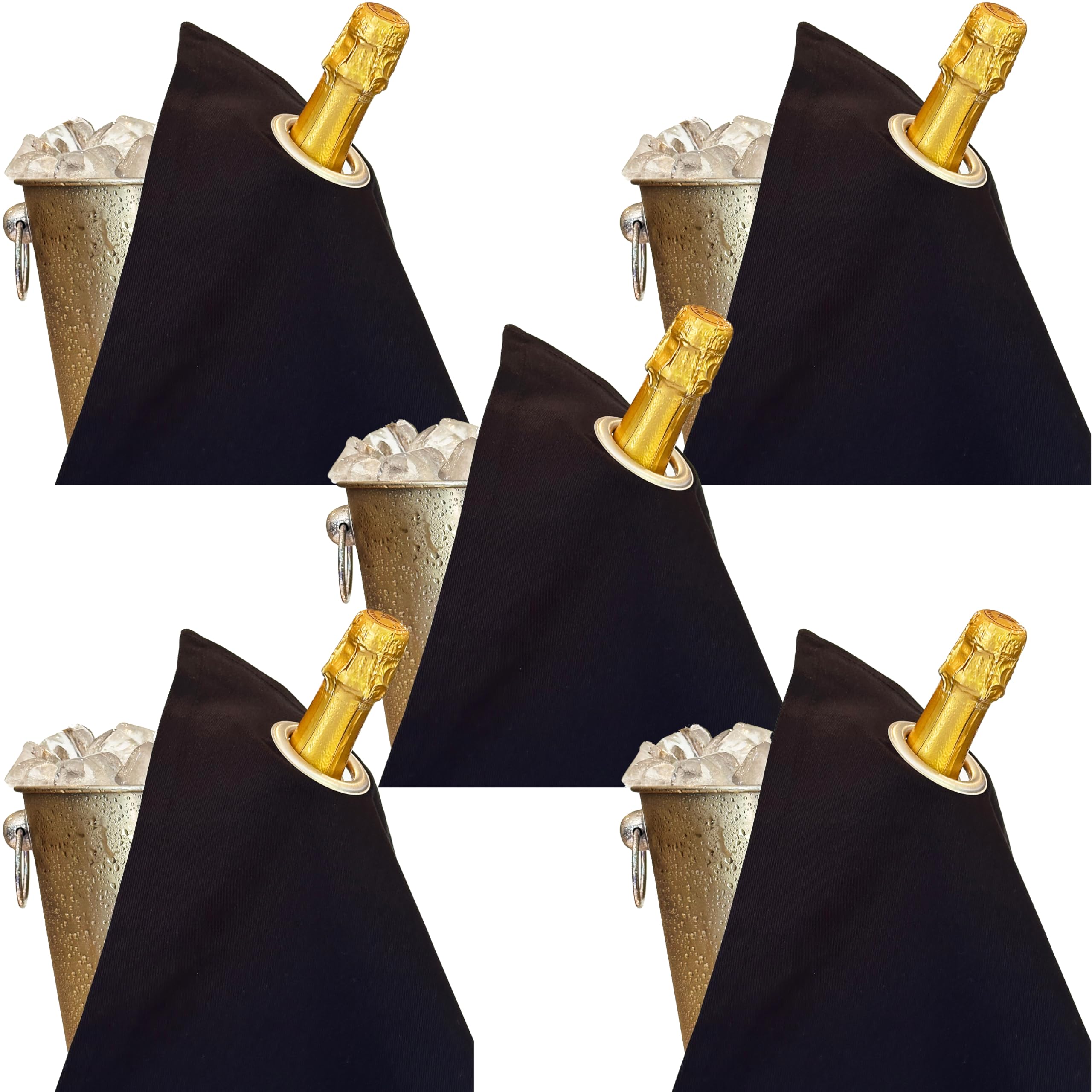 Classic Collection - Paños para botellas con anillo de metal para cubos de hielo, algodón, 42 cm, agujero en la esquina (negro con anillo plateado, paquete de 5)