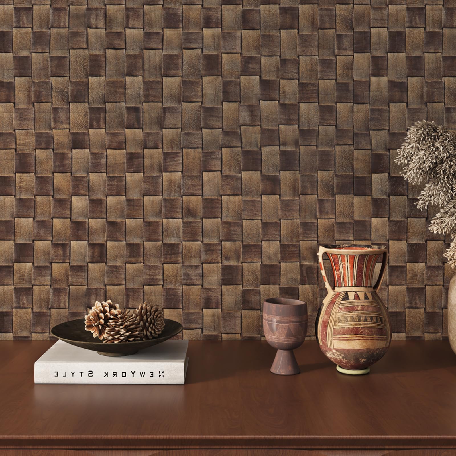 Papier peint rotin 40cmx7m ReWallpaper rouleau adhésif marron foncé pour meuble