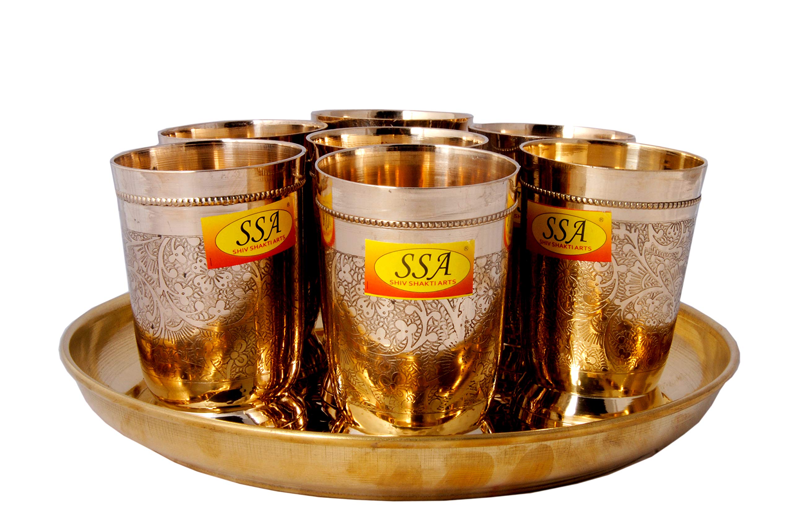 Shiv Shakti Arts Pure Brass Glass Set with Plate Serving Purpose - Drinkware - Dinnerware Tableware Embossed Design