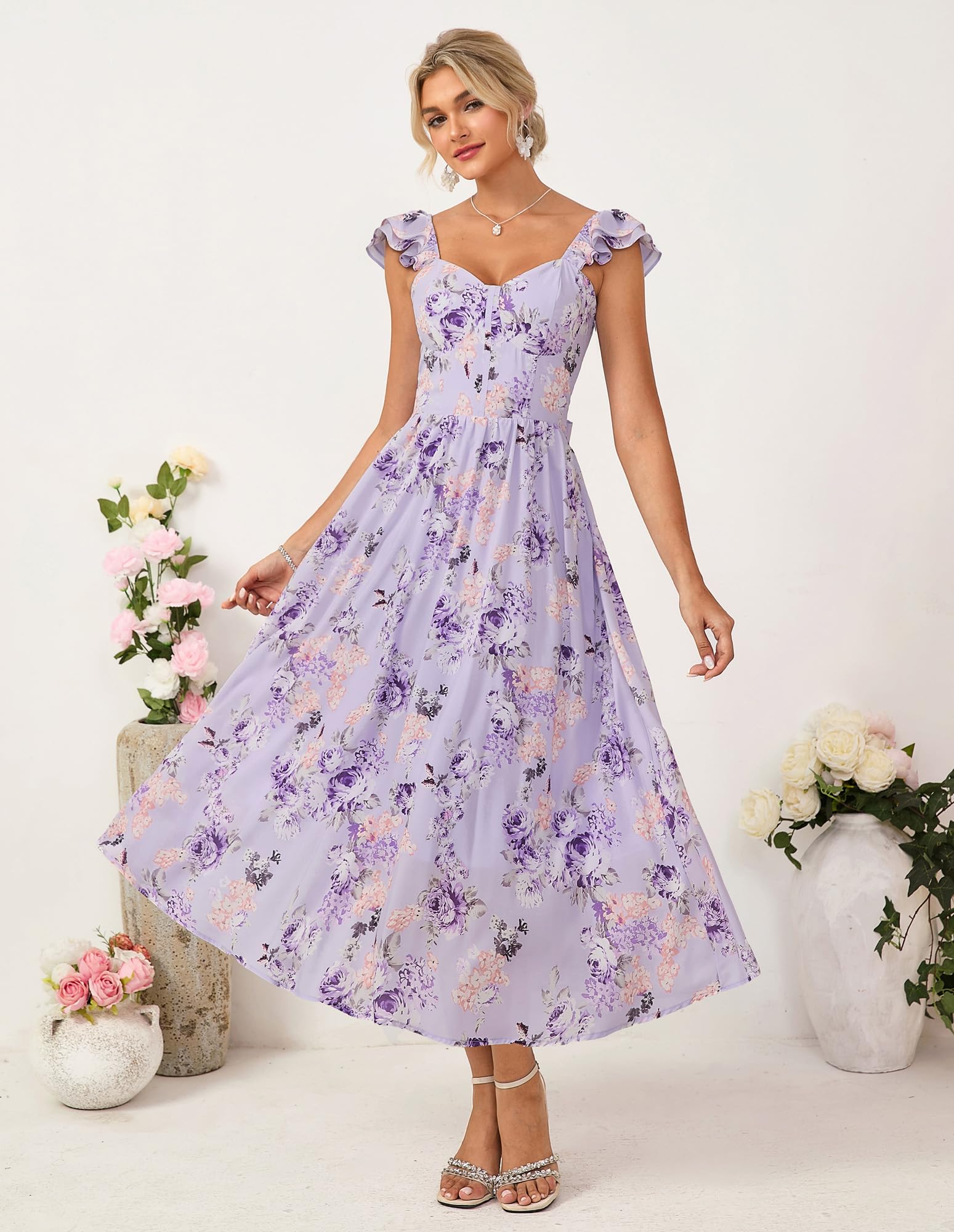 GRACE KARIN Damen Kleider Sommer Spaghettiträger Rüschen Blumen Sommerkleid Lang Chiffon A-line Bogen Strandkleid mit Taschen