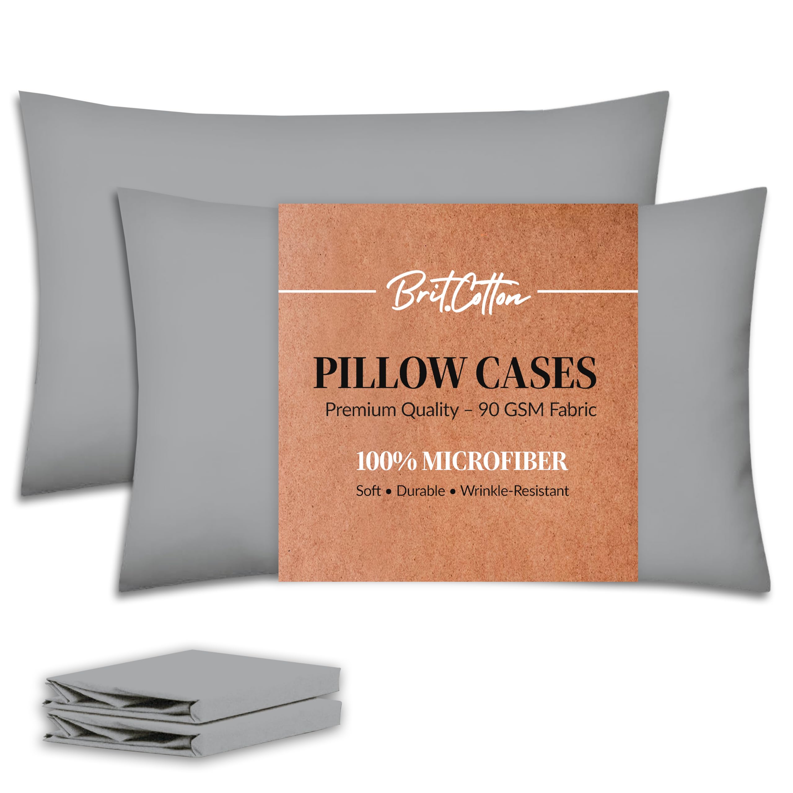 Brit Cotton-Silver Pillow Cases 2 Pack-1800 Super Soft 100% Brushed Microfibre Pillowcases-Envelope Closure-Non Iron,Breathable,Fade & Stain Resistant - Standard Size (50x75cm) Pillow Covers