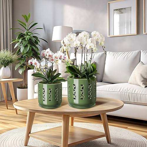 Miniatura 6 de Macetas de orquídeas con agujeros, juego de 2 macetas de cerámica de 6 pulgadas + 5 pulgadas con 2 bandejas inferiores, drenaje y ventilación