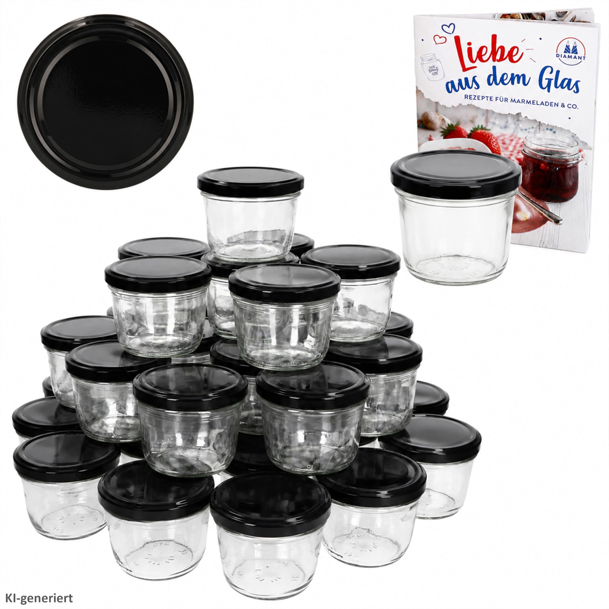 MamboCat 100er Set Sturzglas 230 ml Marmeladenglas Einmachglas Einweckglas To 82 schwarzer Deckel incl. Diamant-Zucker Gelierzauber Rezeptheft