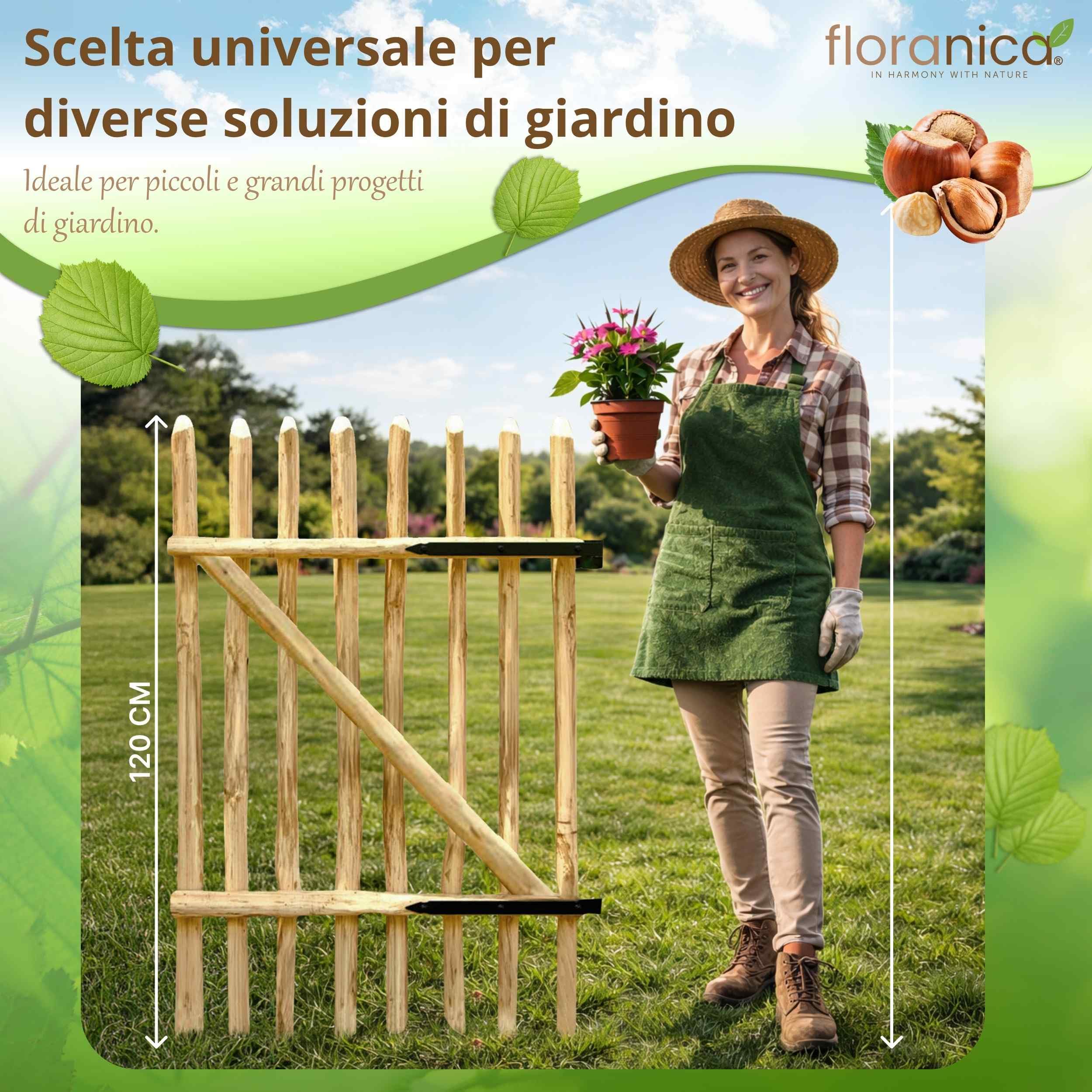 Floranica Cancello da giardino in legno di nocciolo per recinzione a paletti Altezza 115 cm x 100 cm 1 anta – pronto al montaggio incl. cerniere