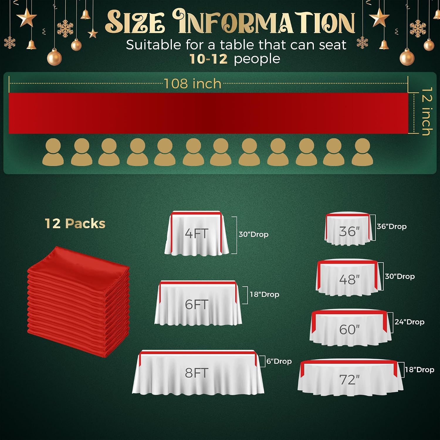4 Pack Red Satin Table Runner 12 x 108 Inch, Long Polyester Satin Runners for Tables, Reusable Bright Red Table Runner for Christmas, Wedding, Banquet & Holiday Party, Heavy-Duty Decoration