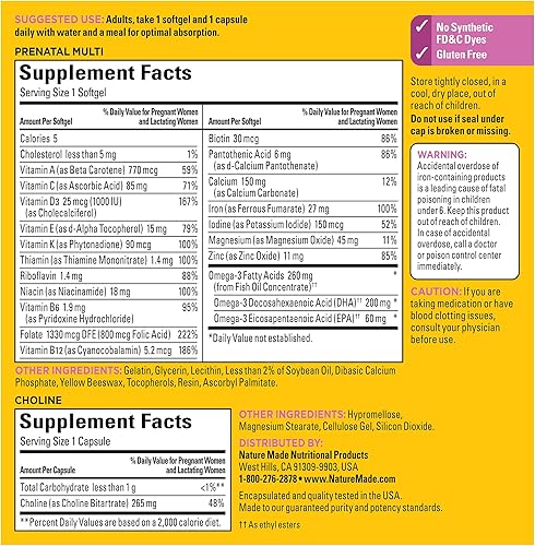 Miniatura 6 de Nature Made Cápsulas blandas prenatales de vitaminas + cápsulas de colina, ácido fólico + DHA + colina, 60 vitaminas prenatales para mujeres, 60
