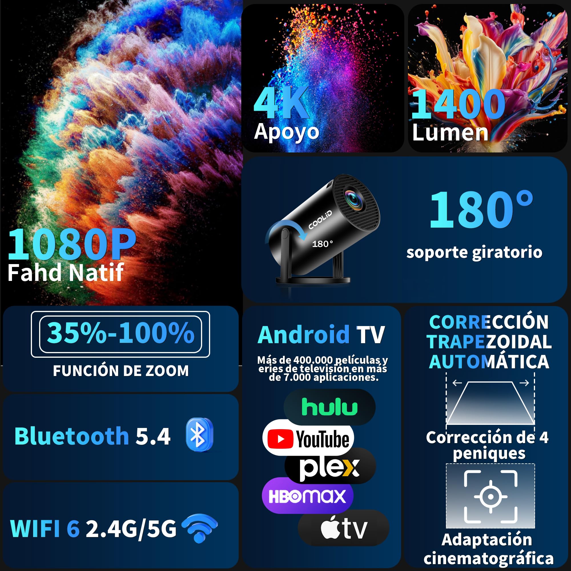 [2026 App Integrada] Mini Proyector 4K Support 1080p con WiFi 6 y Bluetooth 5.2 Proyector portátil con Enfoque automático y corrección Trapezoidal Compatibile con TV Stick/USB/PS5/Laptop,Negro