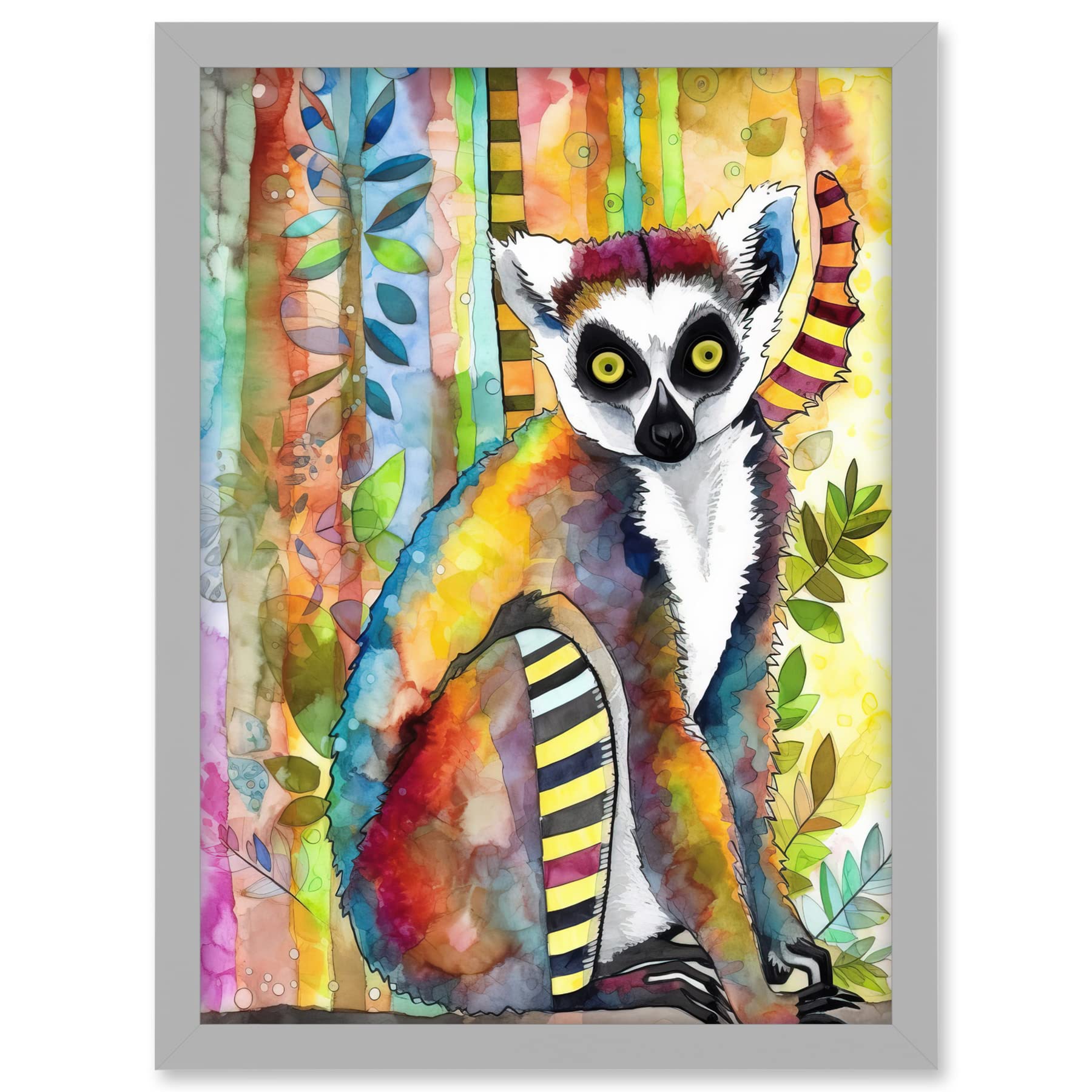 Lemur Vibrant Portrait Folk Art Watercolour Painting Artwork Framed A3 Wall Art Print