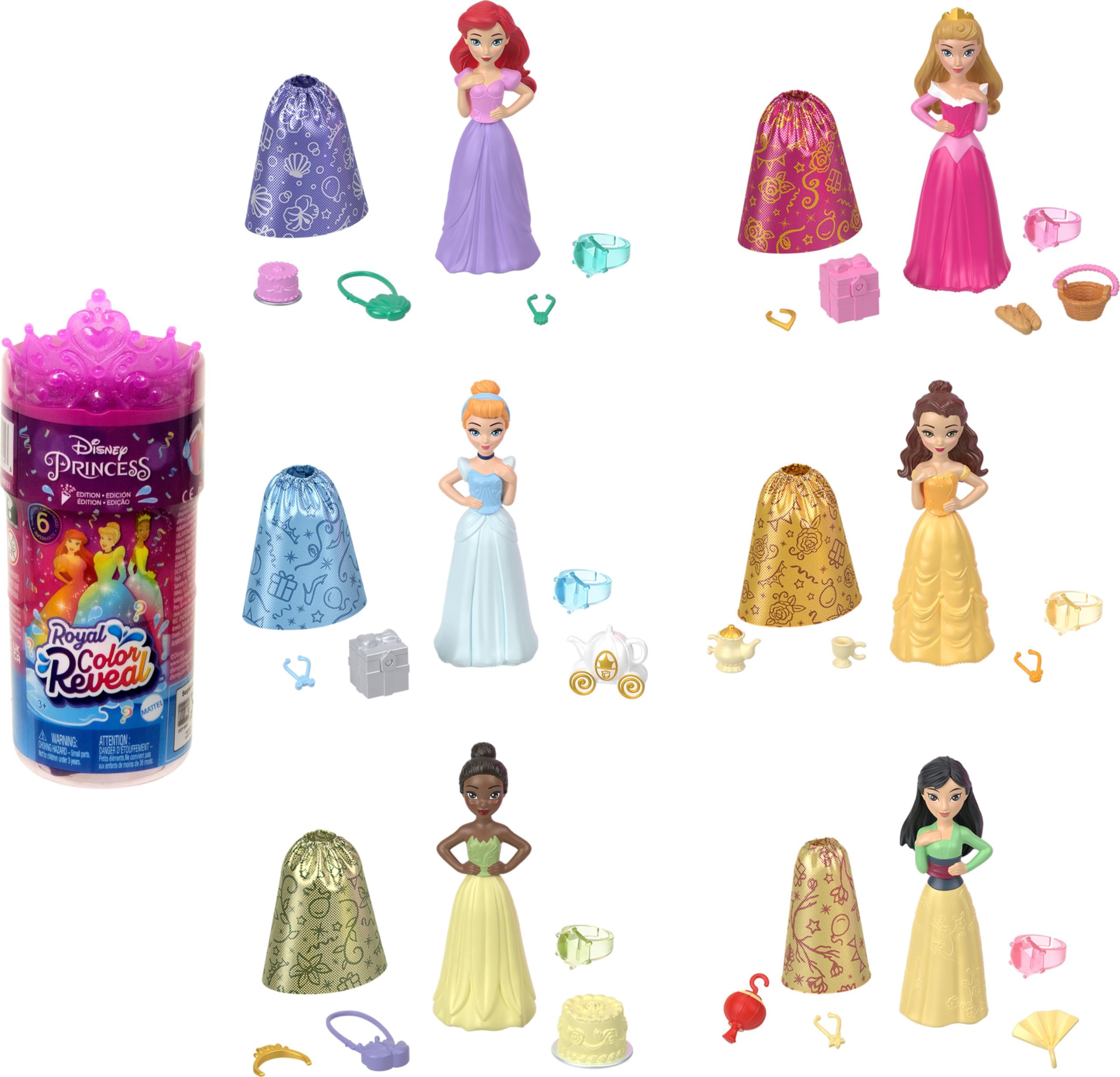 Disney Princess Small Doll Royal Color Reveal, 6 Surprises Include 1 Doll & 5 Accessories, Party Theme (Dolls May Vary)