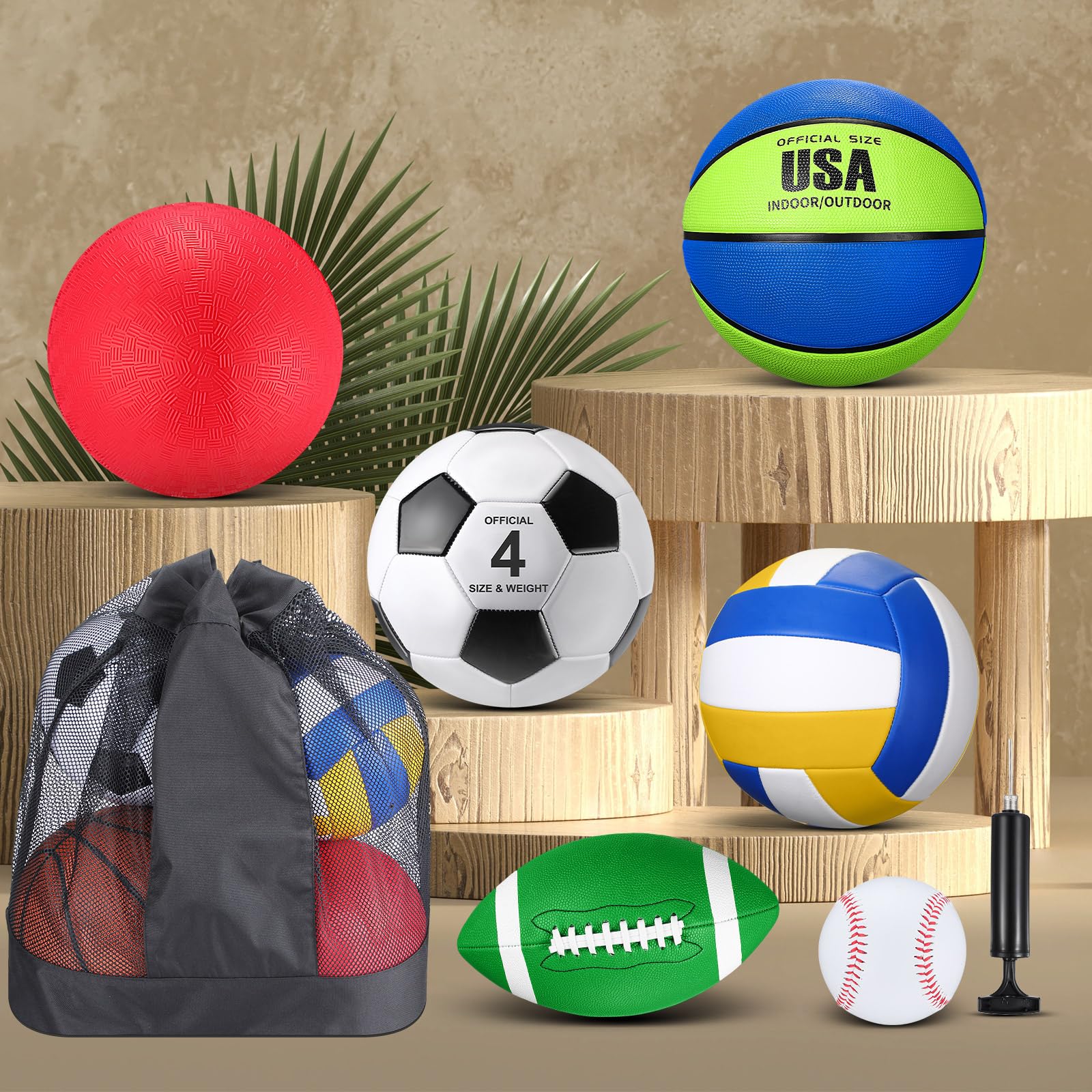 Realspring 6-teiliges Multi-Sportball-Set für Kinder, Teenager, offizielle Größe, Fußball, Basketball, Fußball, Volleyball, Spielplatzball, Baseball mit Sportausrüstungstasche, Pumpe