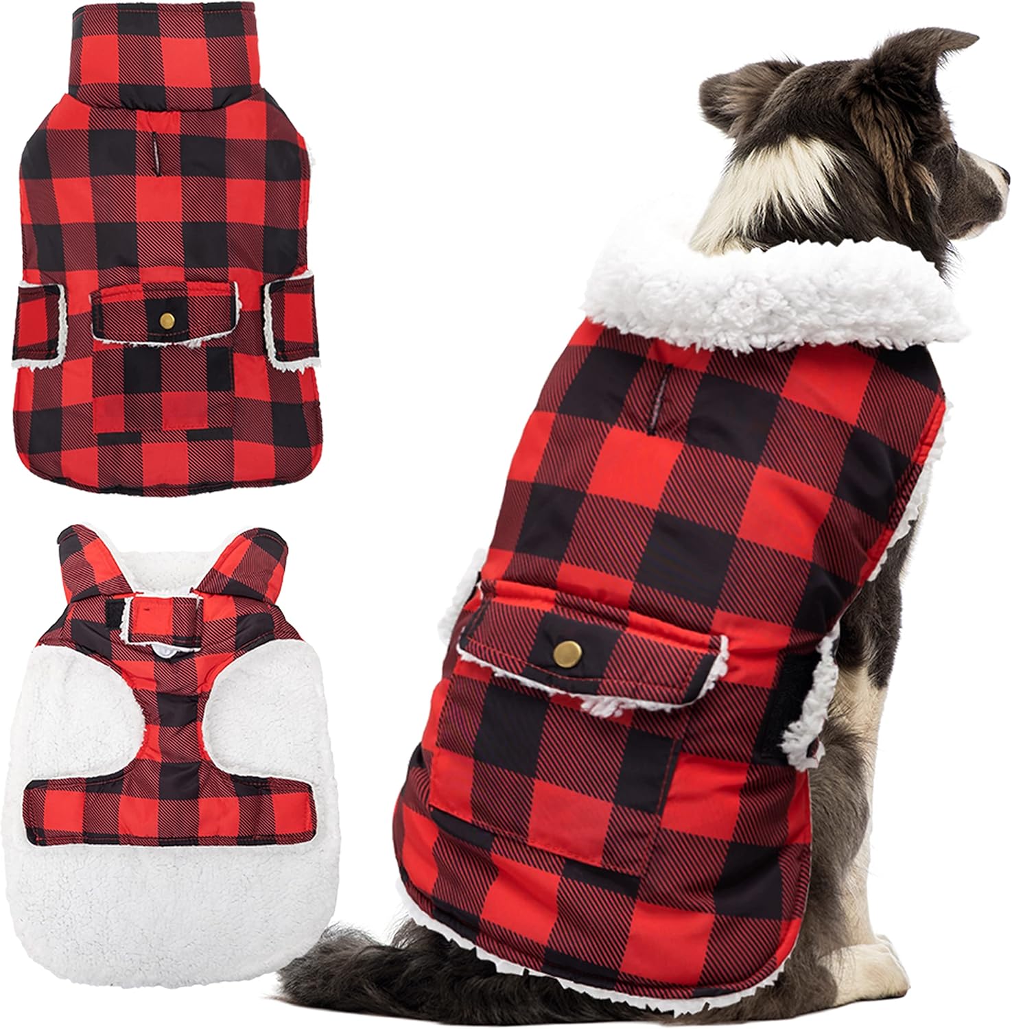Dog Winter Coat - Windproof Fleece Warm Thick Dog Jacket Clothes for Cold Weather - Plaid Pet Vest Coat Outfits for Small Medium Large Dogs - Indoor & Outdoor Use (S-XXL)