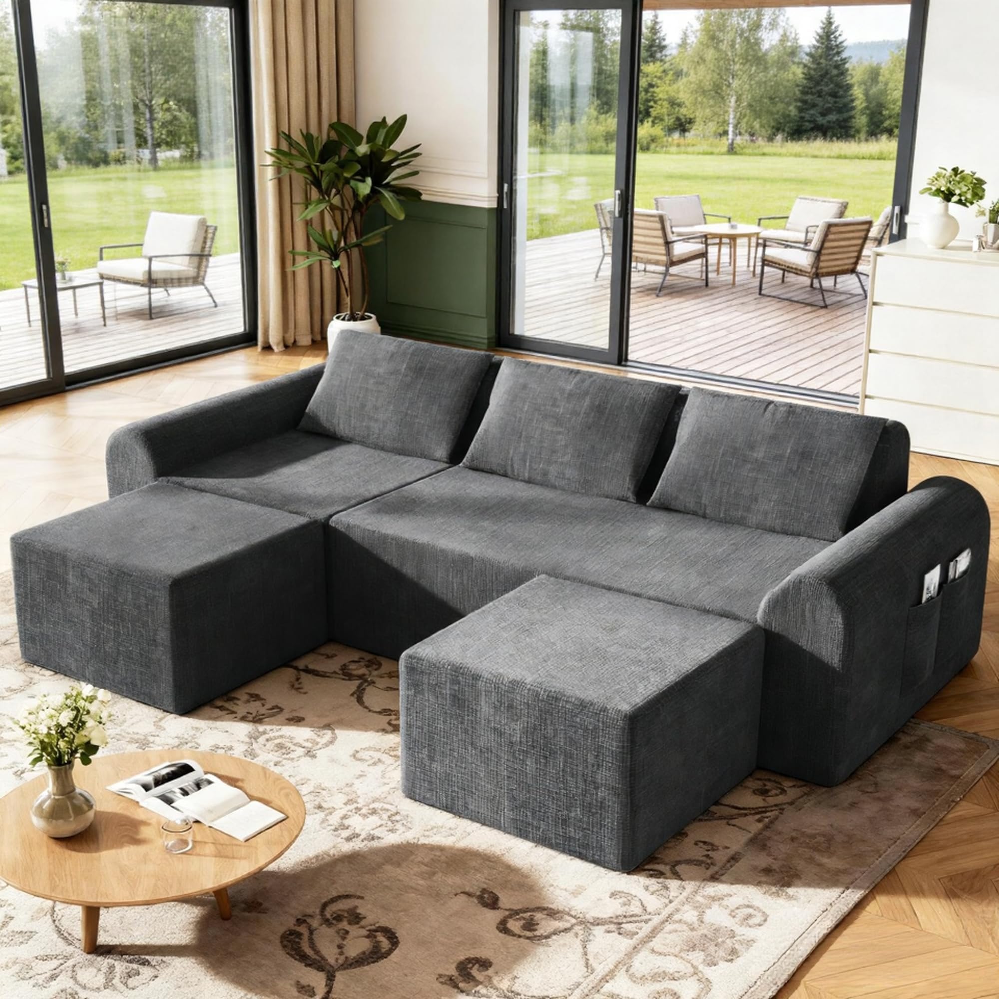 Cloud Modular Sectional Sofa, No Assembly Deep Seat Chenille Couch with 2 Ottomans, 3-Seater Modular Sofa for Living Room, Grey