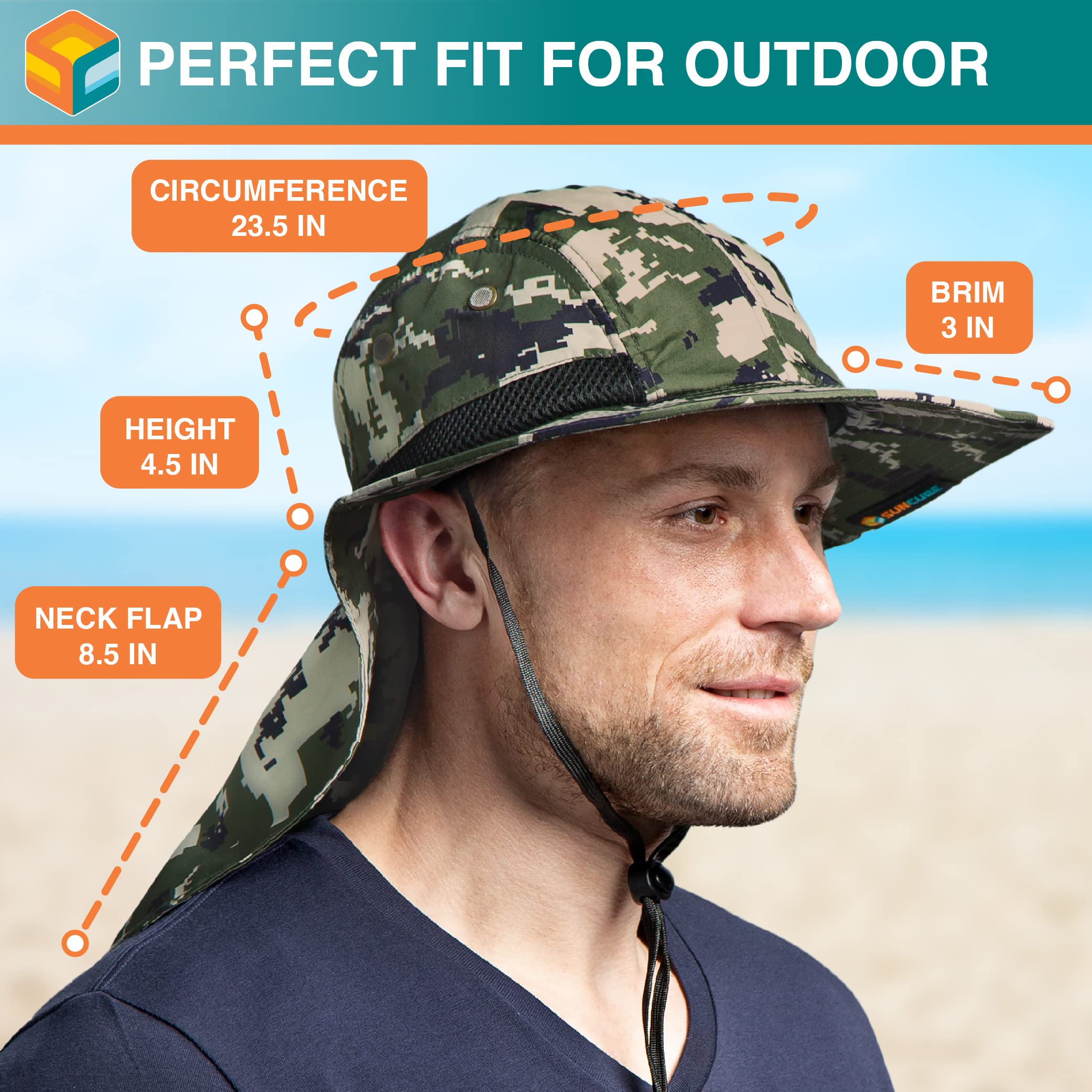Suncube - Sombrero de pesca con cubierta para el cuello y solapa, amplia sombra, correa ajustable para la barbilla para exteriores, senderismo, safari, caza, verano UPF 50 +, malla transpirable