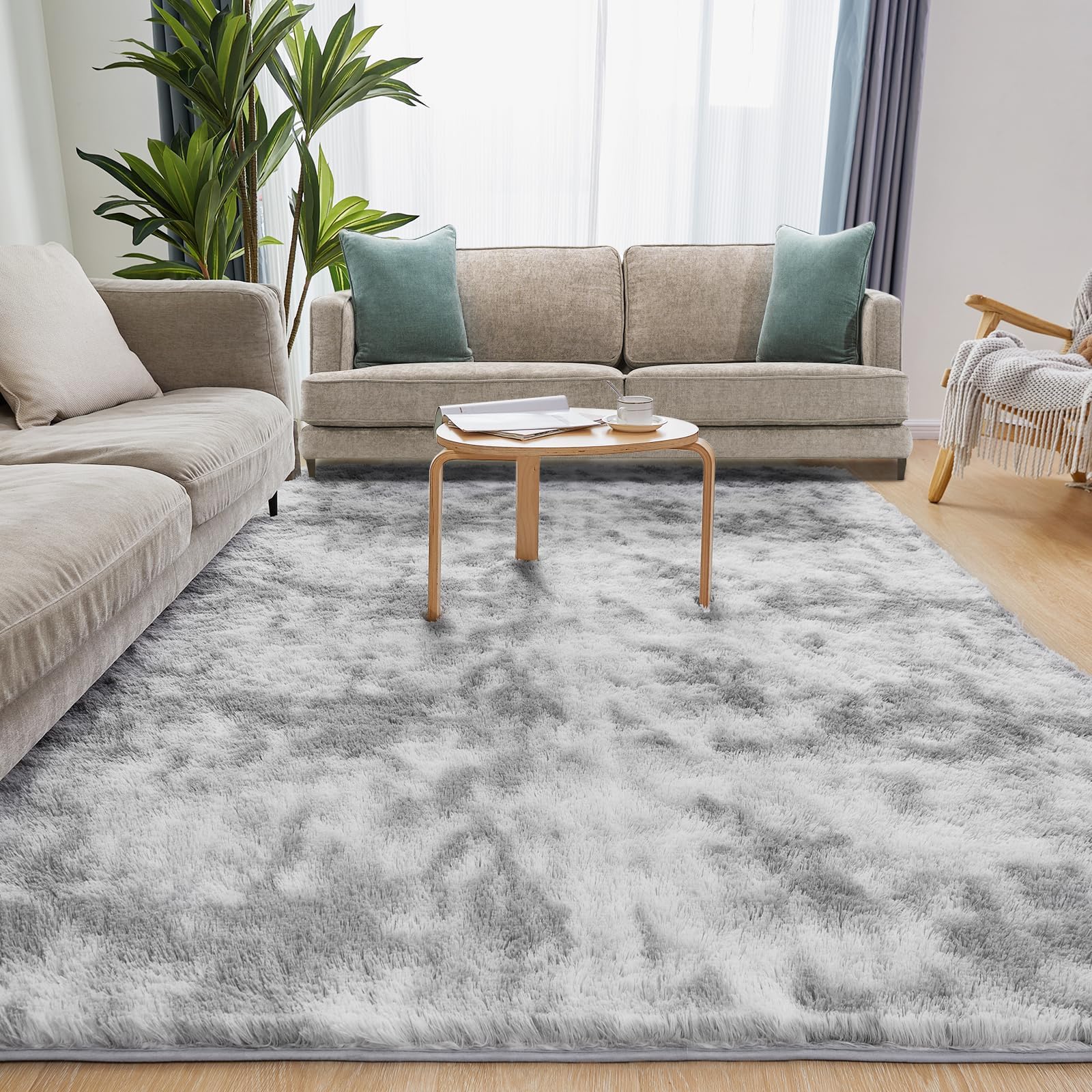 Puremy Wohnzimmer Teppich Flauschiger, Waschbar Anti-Rutsch & Hochflor Teppichen, Langflor Teppiche für Schlafzimmer & Kinderzimmer, Bettvorleger MatteTie-Dye Hellgrau, 80 * 150cm