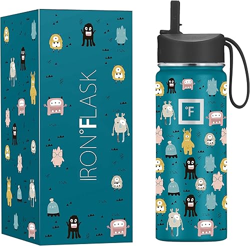 IRON FLASK Botella de agua para niños, tapa con pajilla, 20 calcomanías con nombre, acero inoxidable aislado al vacío, vaso de doble pared, taza de