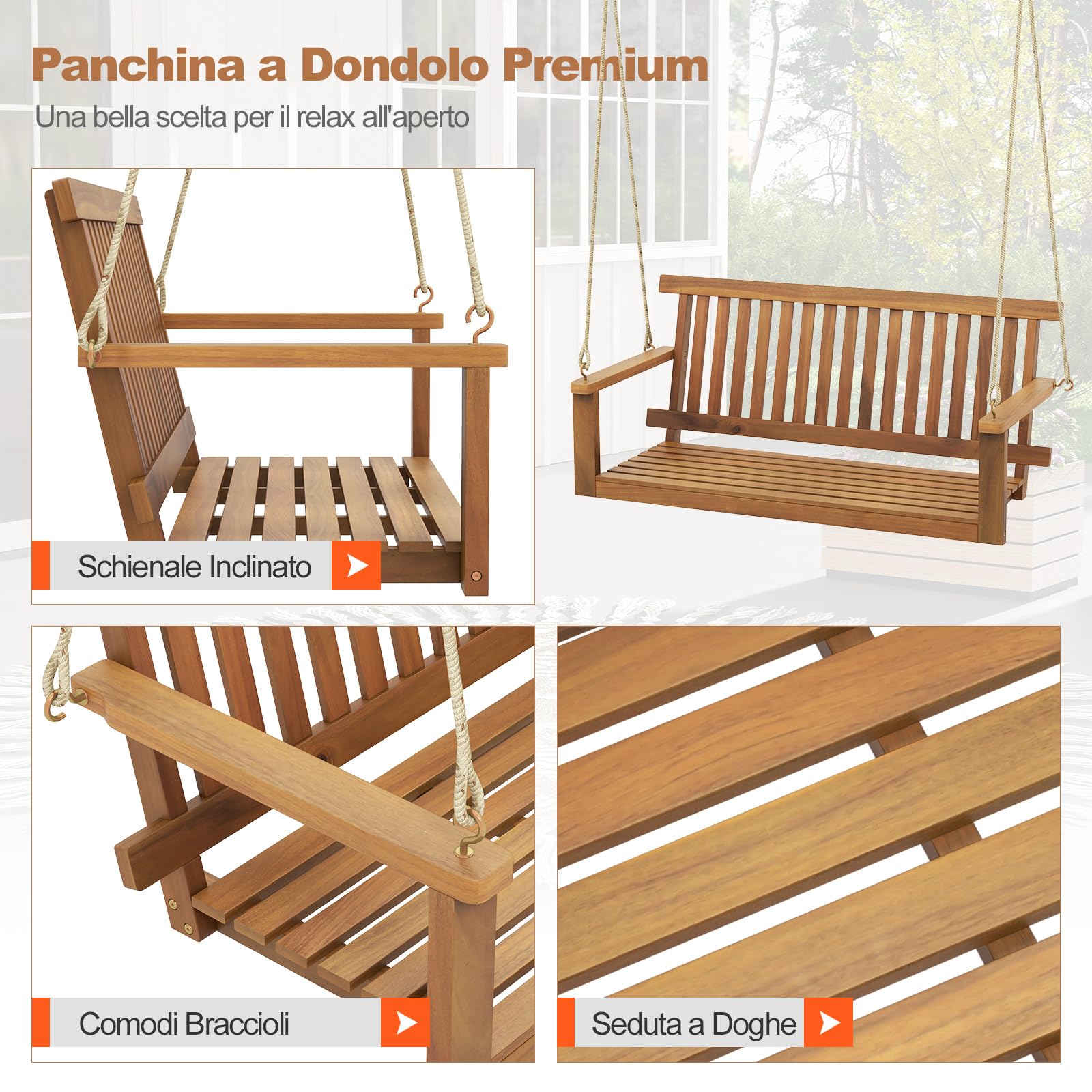 COSTWAY Altalena da Giardino in Legno di Acacia, Panchina Sospesa con 2 Posti, Sedia a Dondolo per Giardino, Sedia Sospesa con Schienale, Portata 360 kg, per Giardino Balcone Cortile