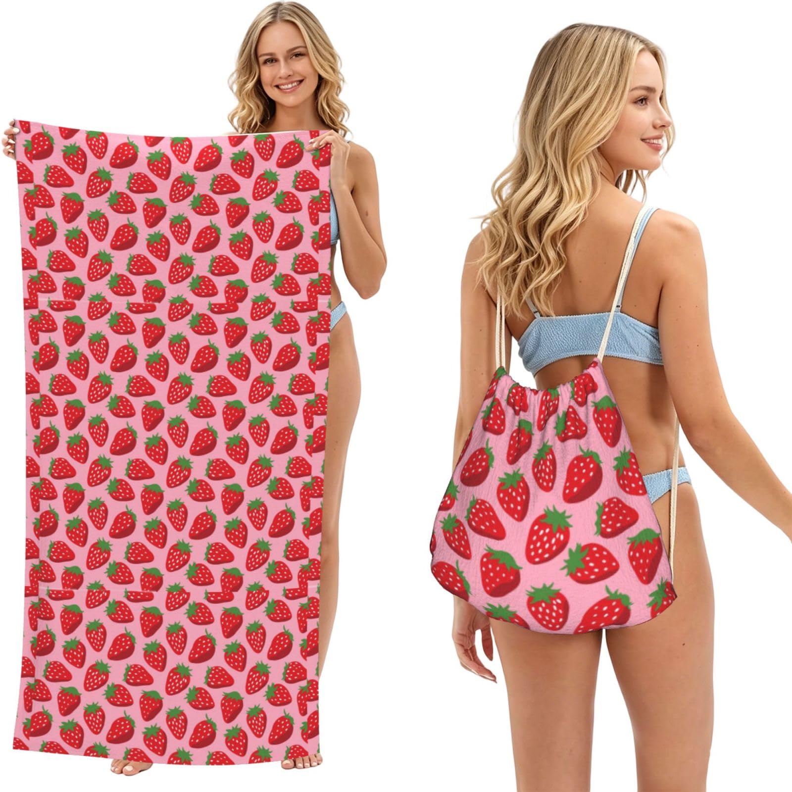 Poadnly As Picture Strawberry, 2 In 1 Packable Towel Bag, Beach Towels With Drawstring Backpack For Travel Holiday Camping