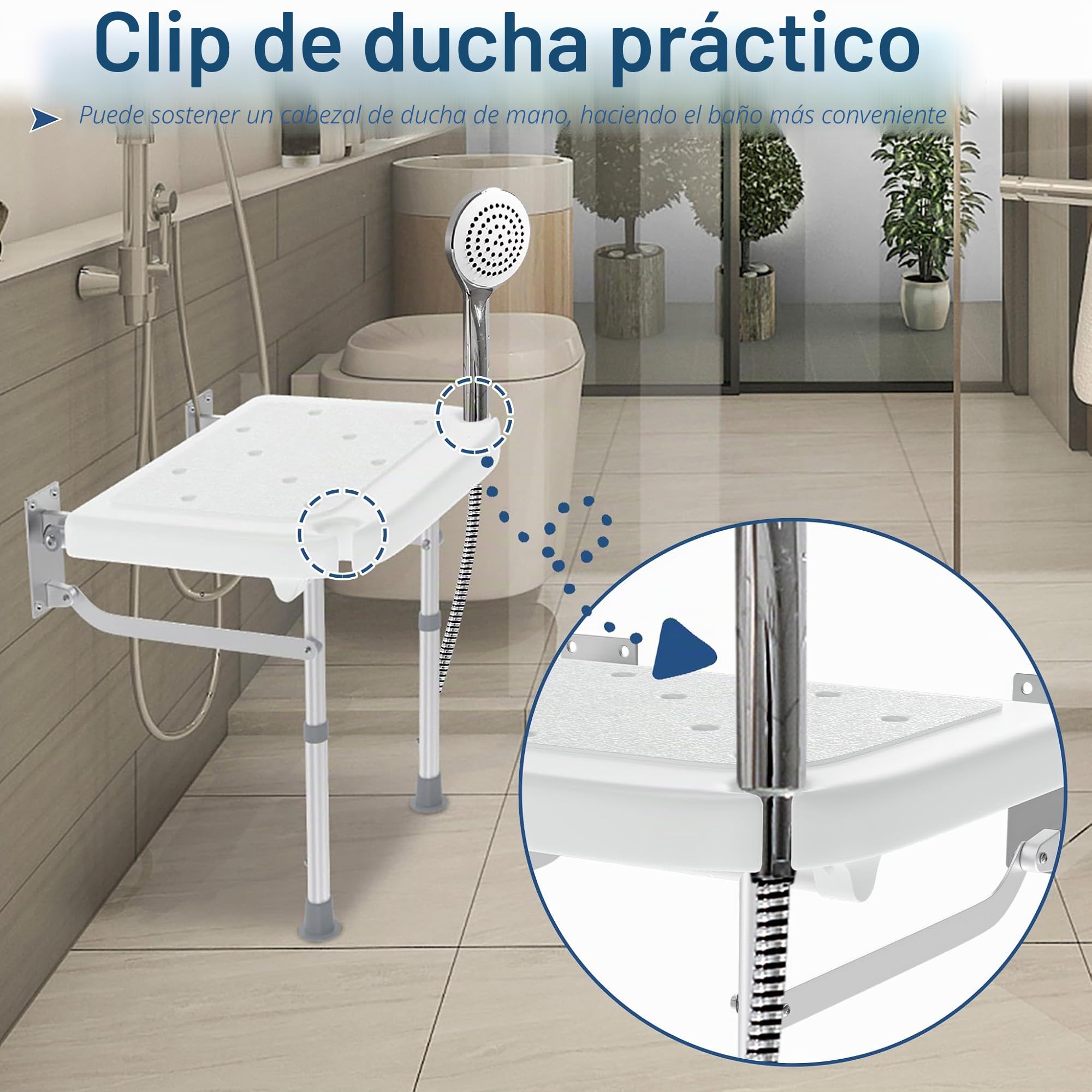 YRHome Asiento de ducha plegable para montaje en pared, silla de ducha plegable con soporte para ducha, asiento antideslizante con drenaje y ahorro de espacio, altura ajustable para personas mayores