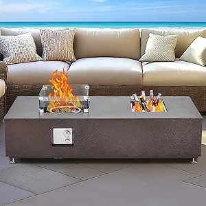 56 Inch Outdoor Propane Gas Fire Pit Table,50000BTU Rectangle Fire Table with 13" Square Drink Ice Bucket Wind Guard & Fire Glass Beads for Outside Patio Yard Garden, Bronze