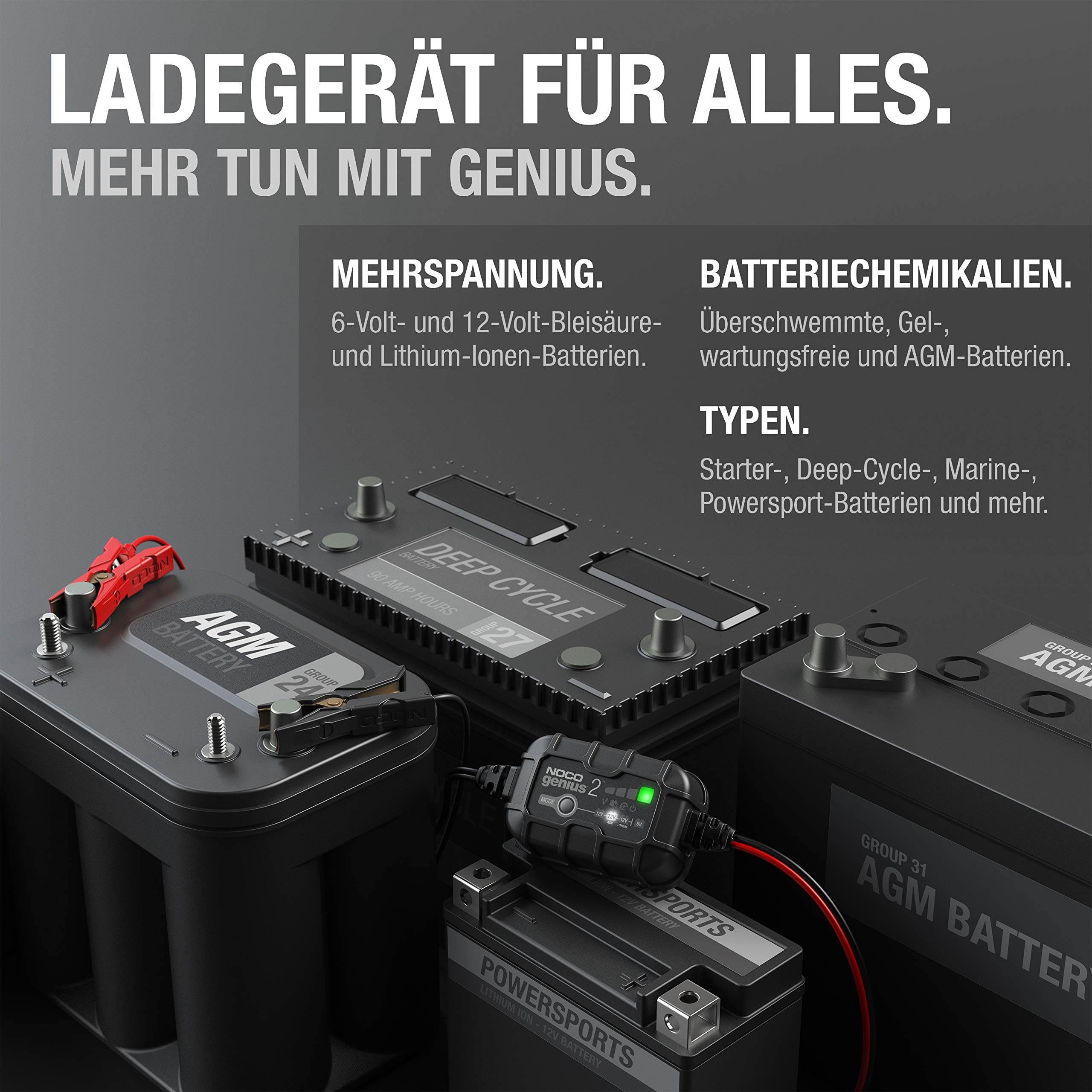 NOCO GENIUS2: 2A Batterieladegerät für Auto & Motorrad — 6V/12V Erhaltungsladegerät & Entsulfator — Für AGM, Lithium (LiFePO4) & Start-Stopp-Batterien