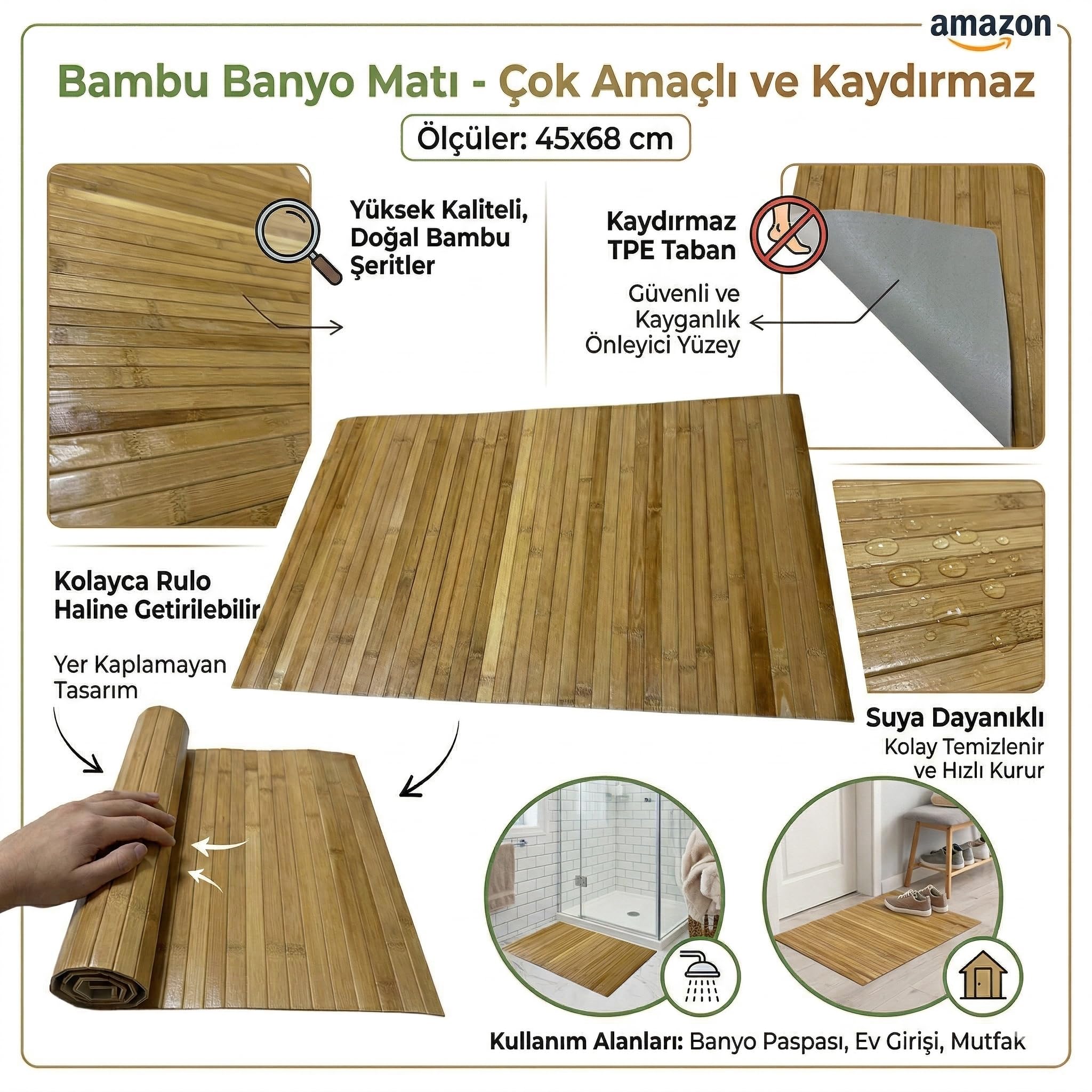 Bambu Banyo Matı, Kaydırmaz TPE Tabanlı, Suya Dayanıklı, Rulo Yapılabilir, 45x68 cm, Banyo ve Mutfak için