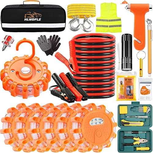 Miniatura 1 de HLWDFLZ Kit de herramientas de emergencia para automóvil, con 6 paquetes de bengalas de carretera LED, cables de salto, cuerda de remolque