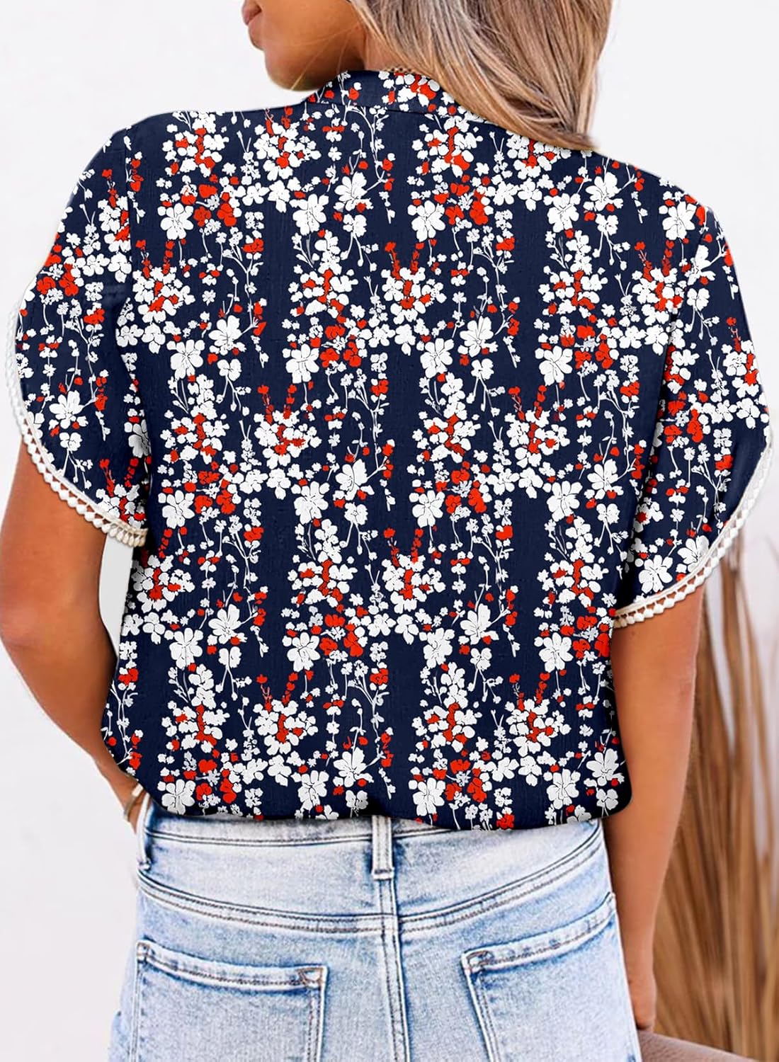 Dokotoo Womens Summer Tops for Women 2024 Trendy Boho Floral Ptint Short Sleeve Button Front V Neck Henley Tshirts Elegant Dressy Business Casual Outfits Loose Chiffon Bohemian Blouses Blue XX-Large - Image 2