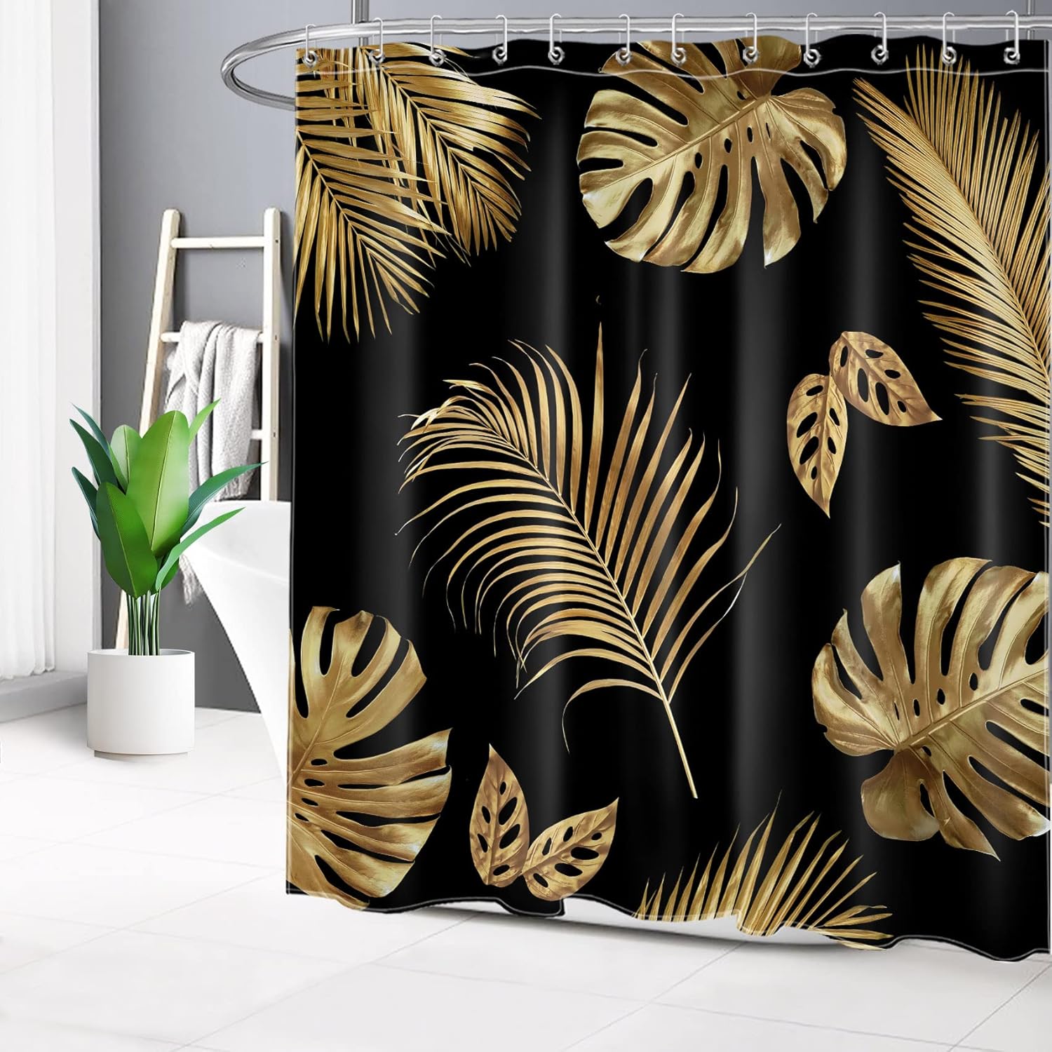 HVEST Tropical Leaf Plant Shower Curtain and Bath Mat, Black and Gold Monstera and Palm Leaves Shower Curtain with Bathroom Rugs, 70X70 inches Bathroom Decorations Botanical Shower Curtain Set